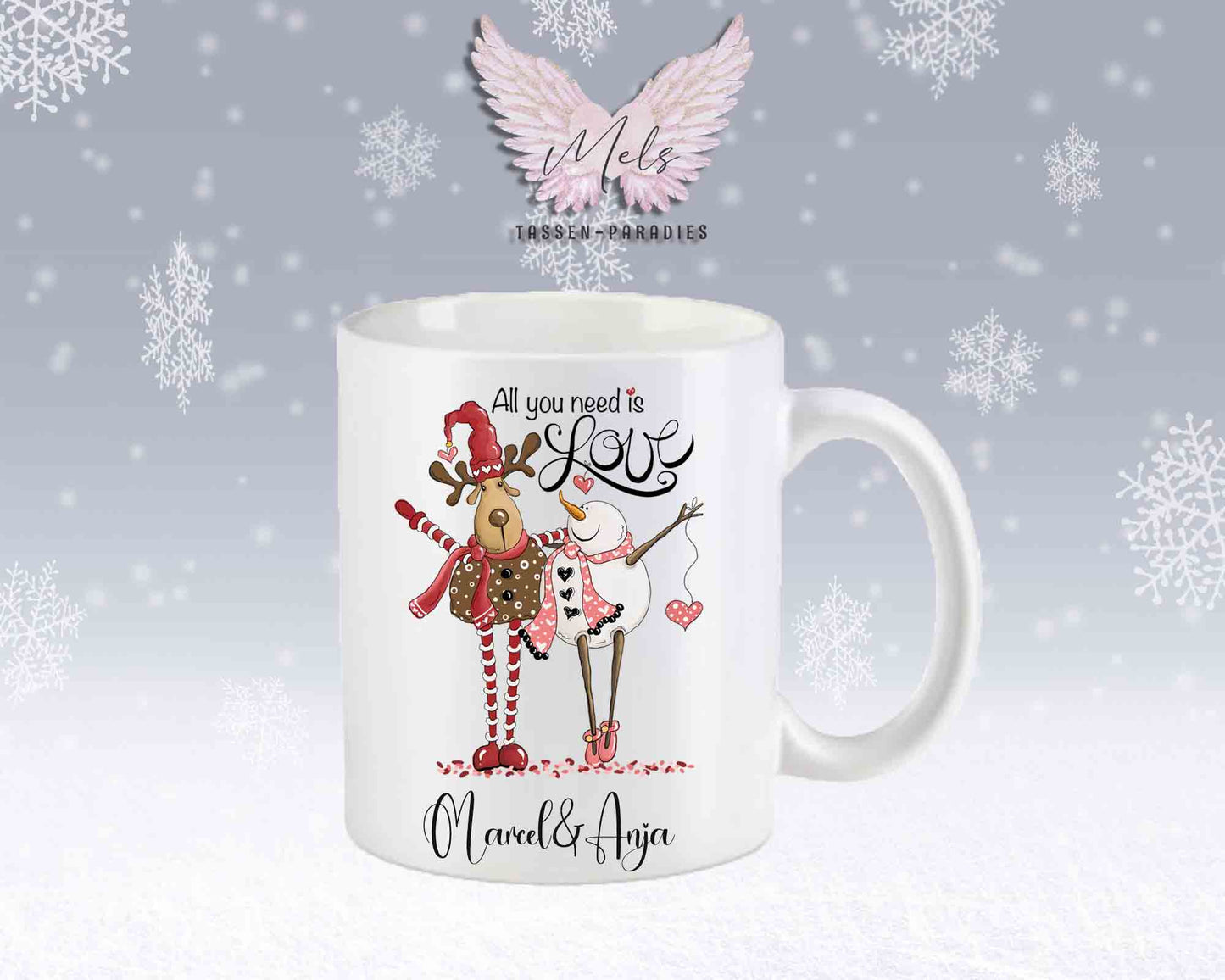 Tasse mit süßem Paar-Schneefrau und Hirsch – mit oder ohne Wunschname