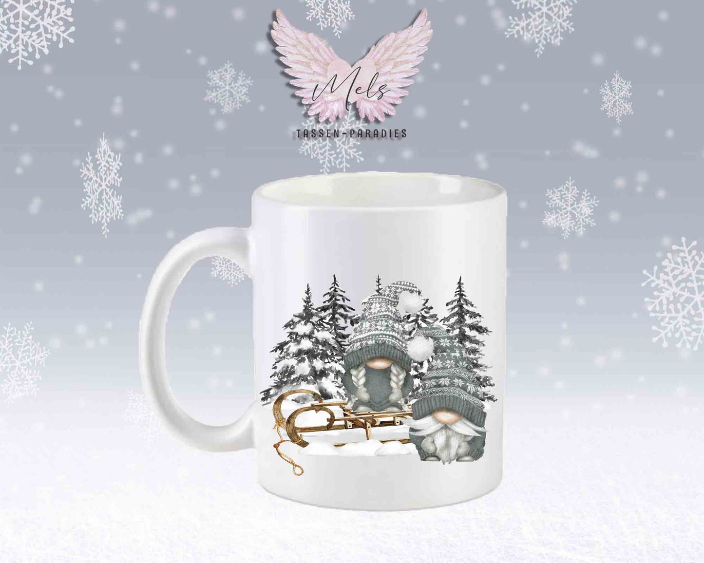 Tasse mit Wichtel und Schlitten – mit oder ohne Wunschname