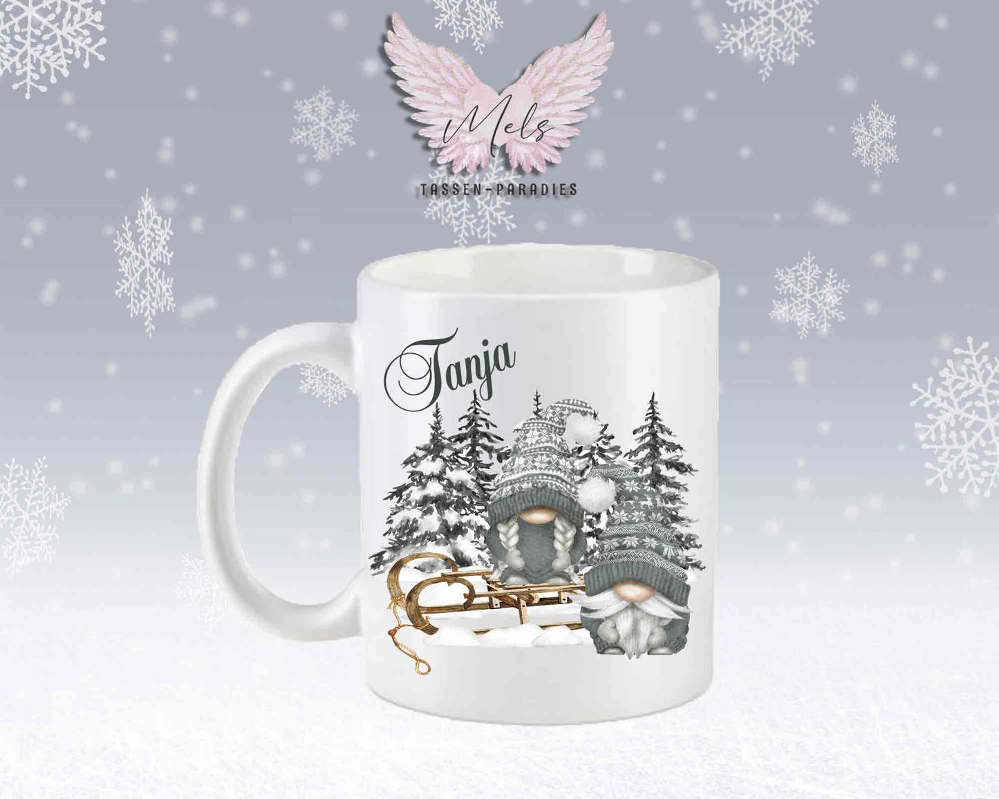 Tasse mit Wichtel und Schlitten – mit oder ohne Wunschname