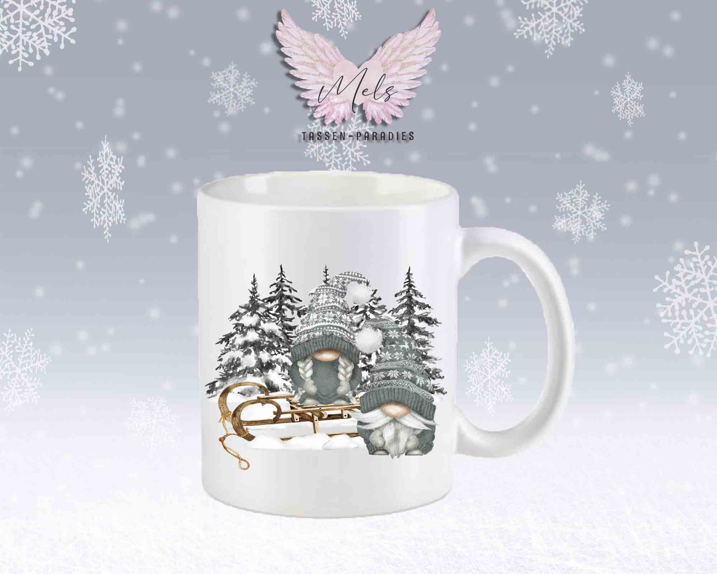 Tasse mit Wichtel und Schlitten – mit oder ohne Wunschname