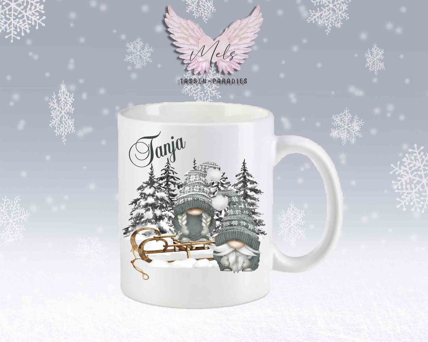 Tasse mit Wichtel und Schlitten – mit oder ohne Wunschname