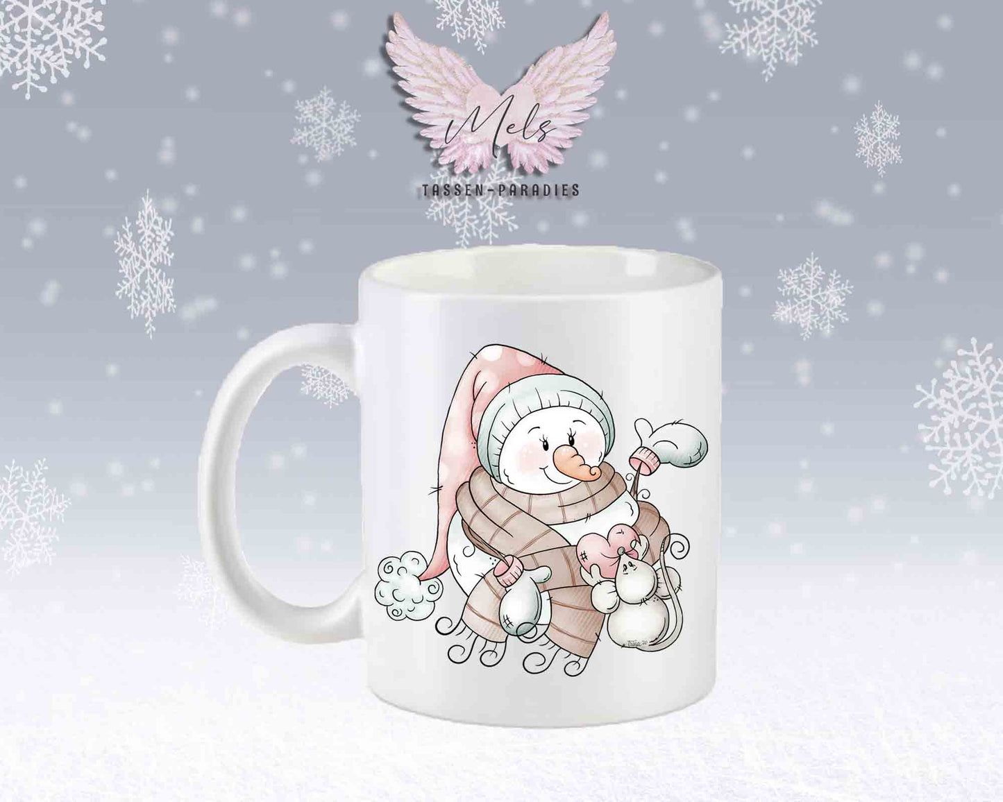 "Schneemann-Tasse mit Maus und Herz – mit oder ohne Wunschname"