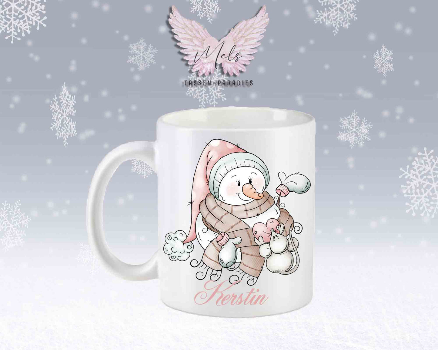 "Schneemann-Tasse mit Maus und Herz – mit oder ohne Wunschname"