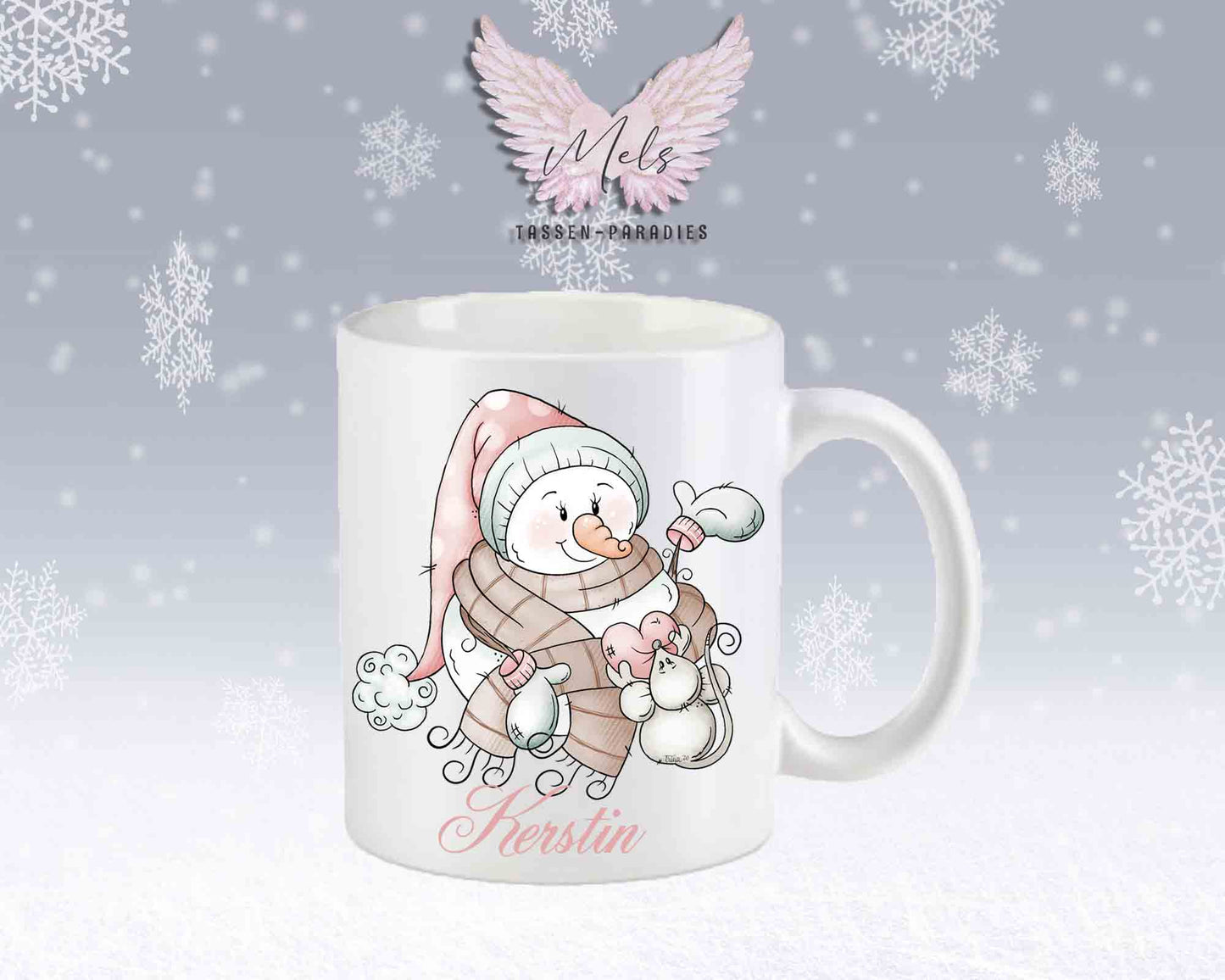 "Schneemann-Tasse mit Maus und Herz – mit oder ohne Wunschname"
