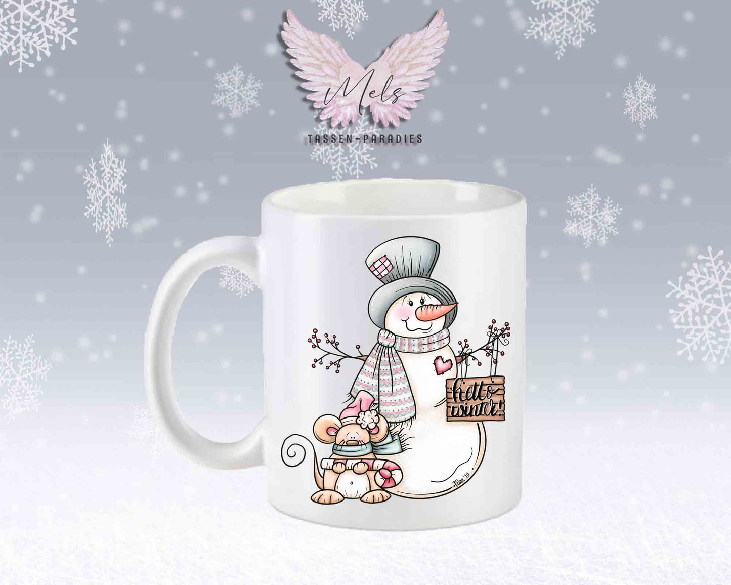 Tasse mit Schneemann und süßer Maus – mit oder ohne Wunschname