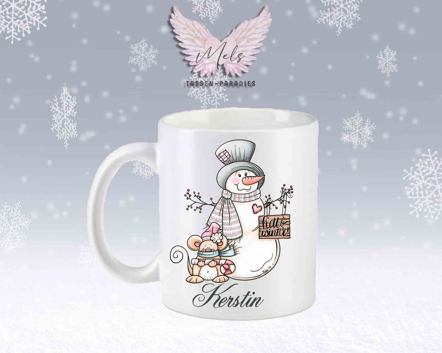 Tasse mit Schneemann und süßer Maus – mit oder ohne Wunschname