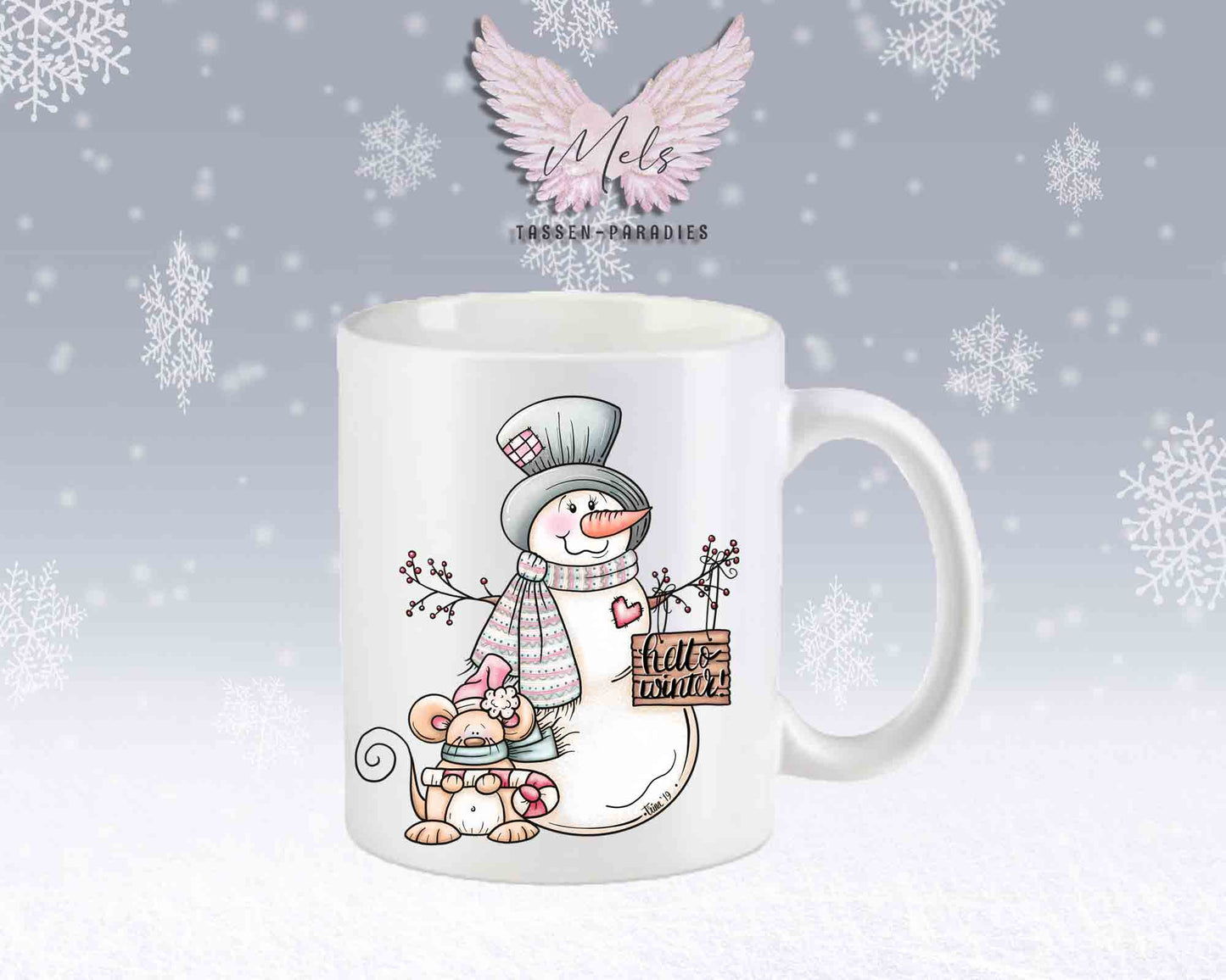 Tasse mit Schneemann und süßer Maus – mit oder ohne Wunschname