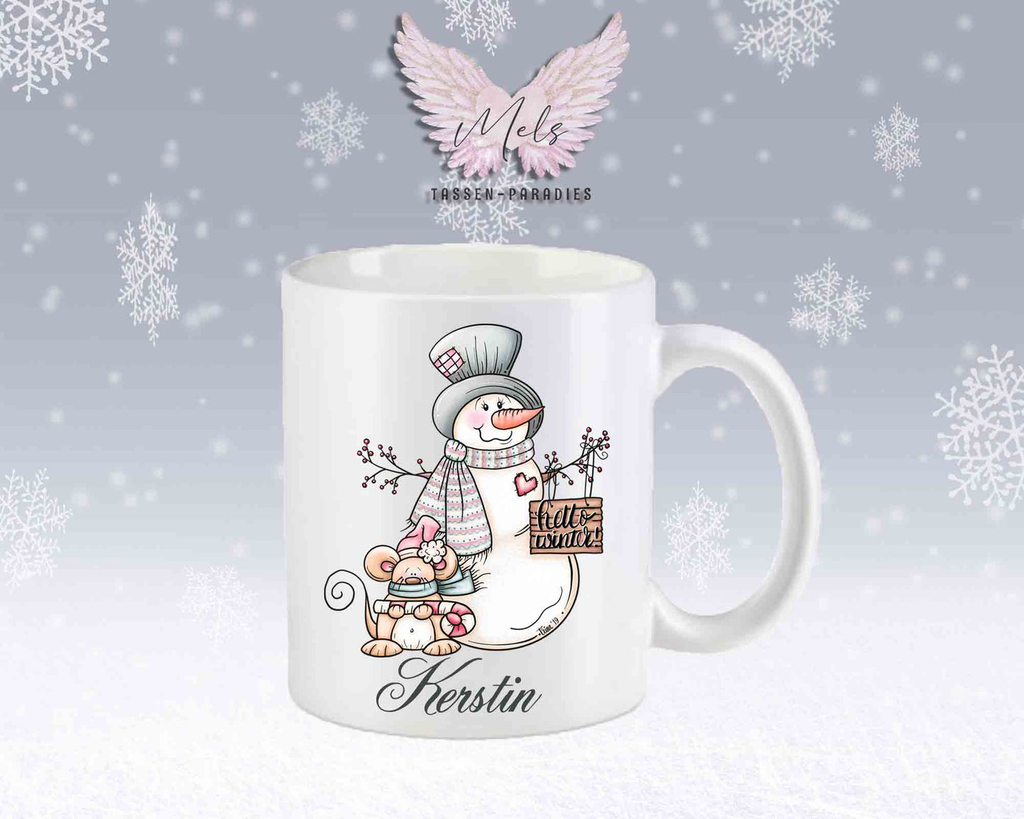 Tasse mit Schneemann und süßer Maus – mit oder ohne Wunschname