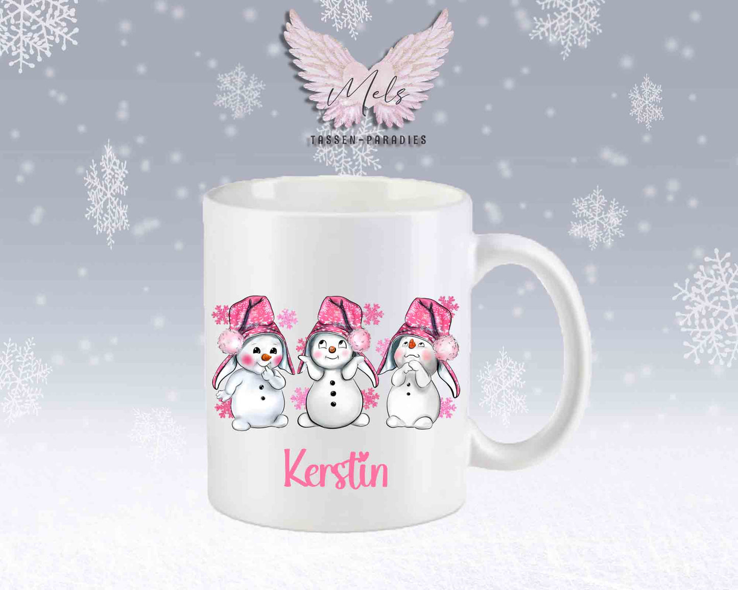 Tasse mit süßen Schneemänner mit rosa Mütze– mit oder ohne Wunschname