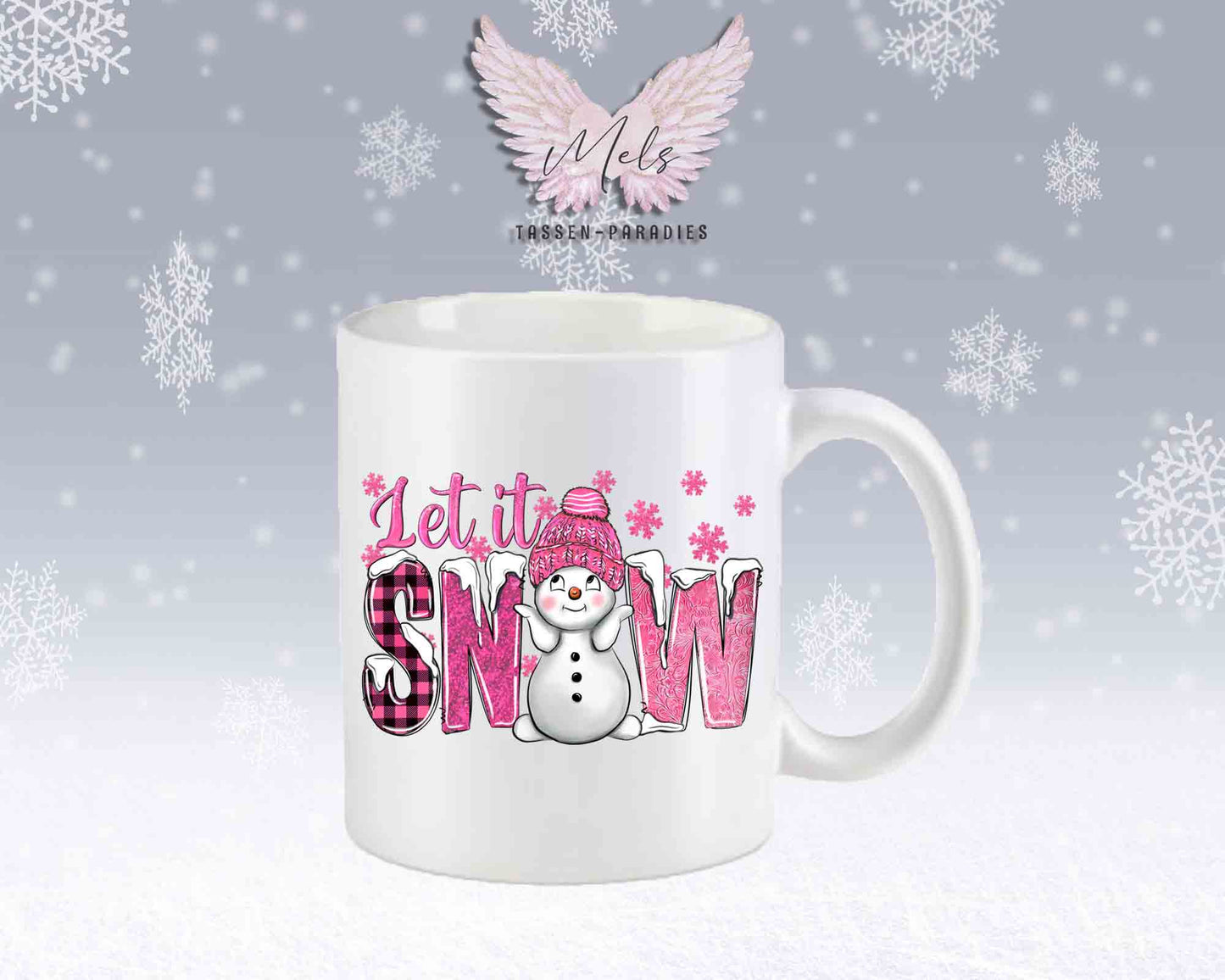 Tasse mit süßen Schneemann Lets Snow Rosa– mit oder ohne Wunschname