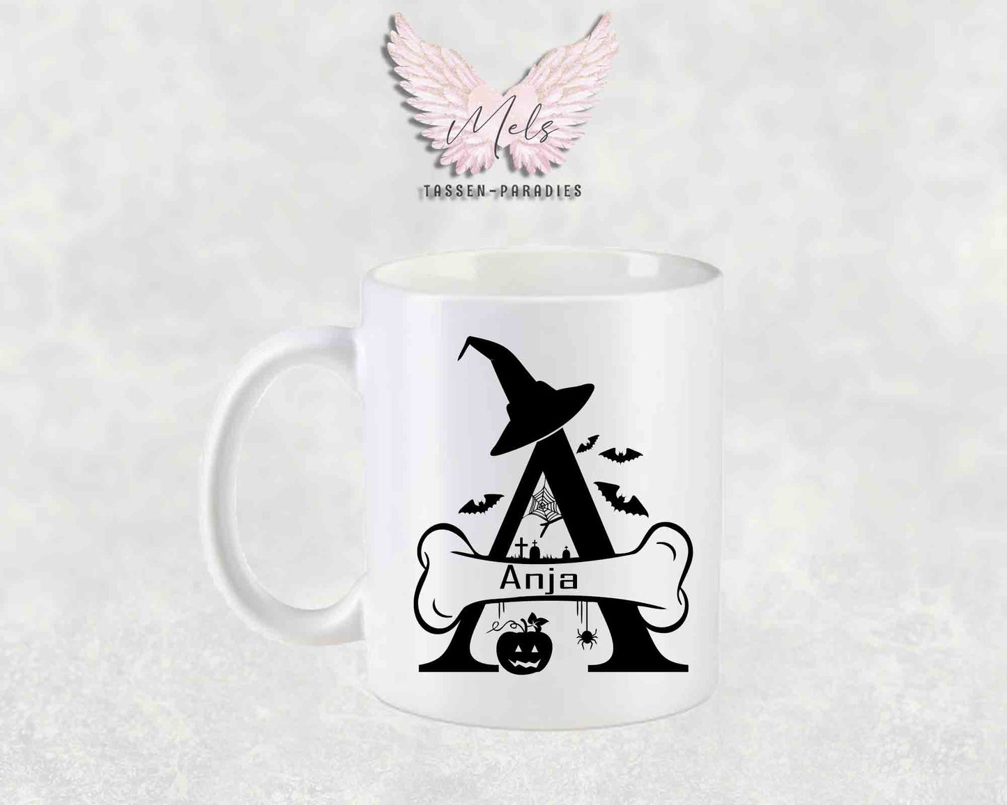 Halloween-Alphabet mit Name - Personalisierte Keramik-Tasse Weiß-Matt