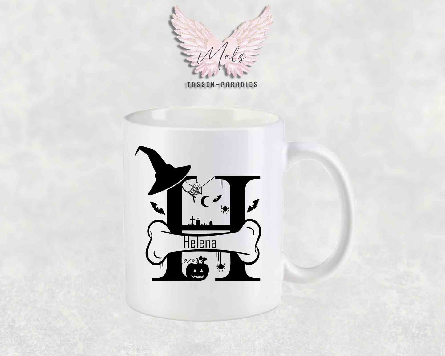 Halloween-Alphabet mit Name - Personalisierte Keramik-Tasse Weiß-Matt