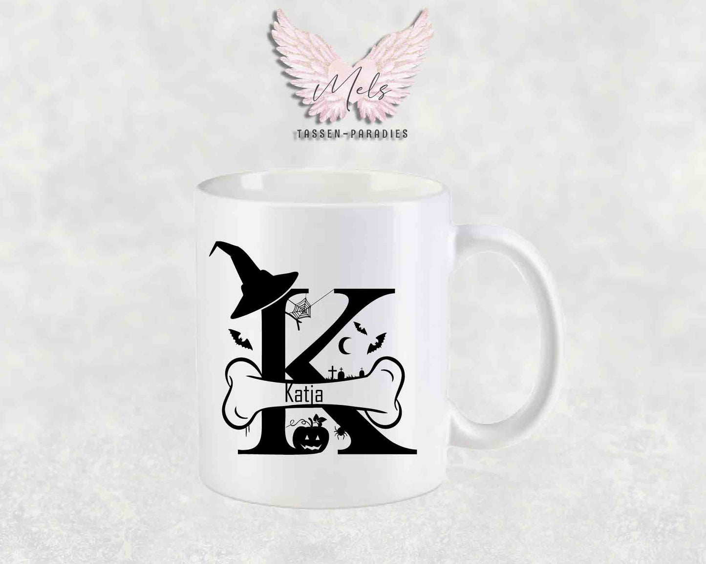 Halloween-Alphabet mit Name - Personalisierte Keramik-Tasse Weiß-Matt