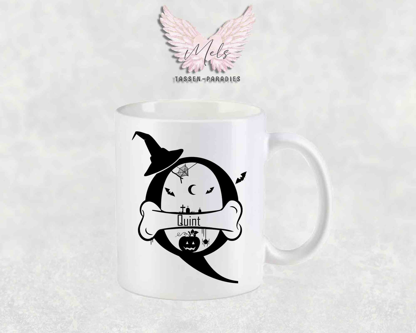 Halloween-Alphabet mit Name - Personalisierte Keramik-Tasse Weiß-Matt