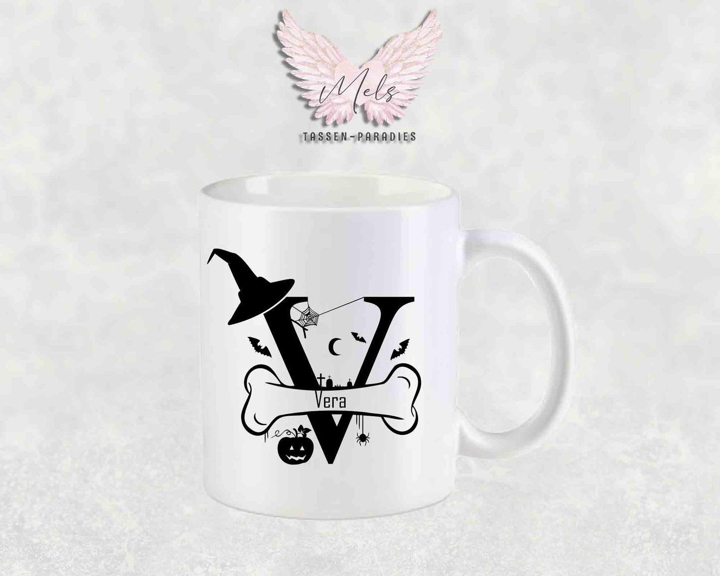 Halloween-Alphabet mit Name - Personalisierte Keramik-Tasse Weiß-Matt