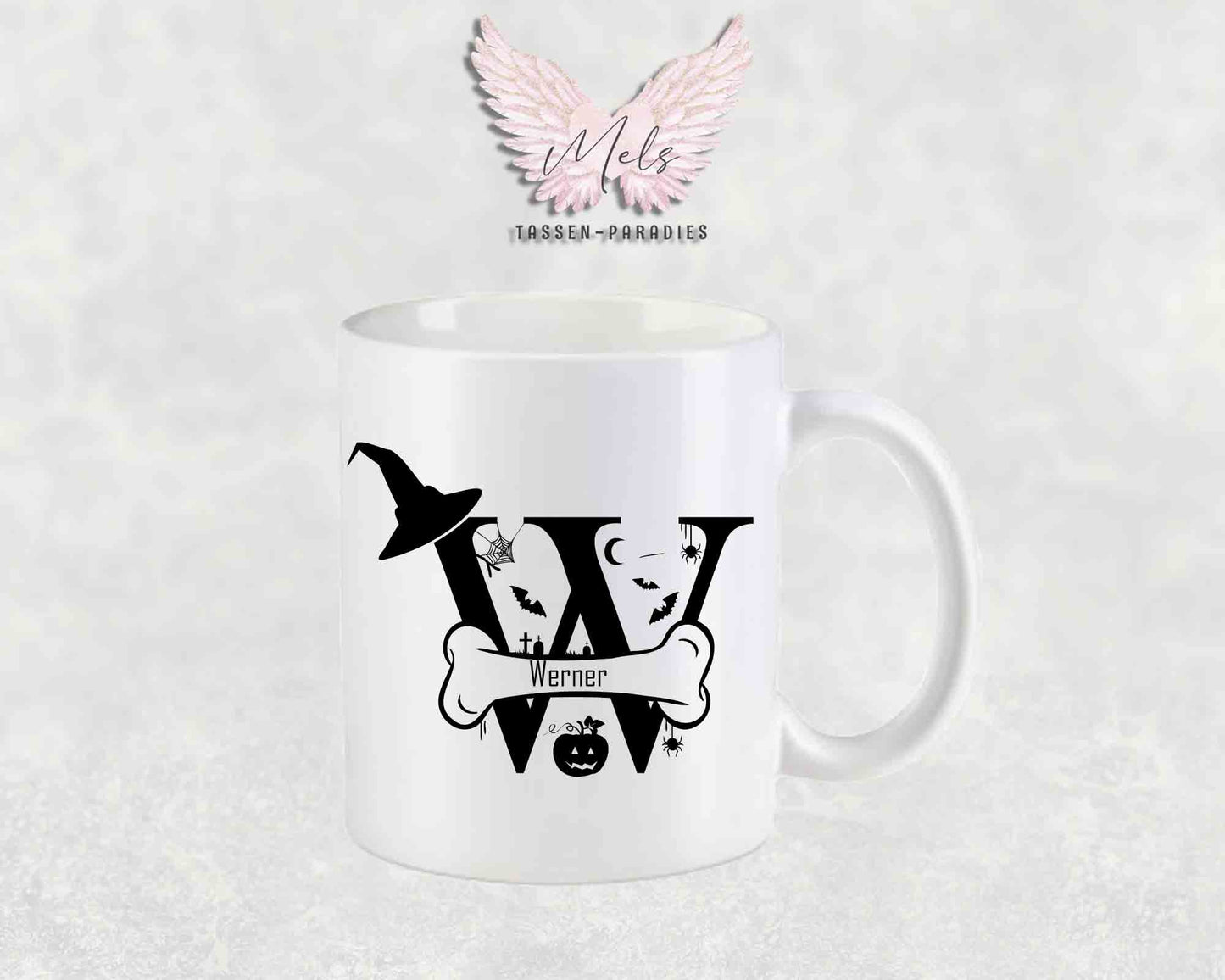 Halloween-Alphabet mit Name - Personalisierte Keramik-Tasse Weiß-Matt