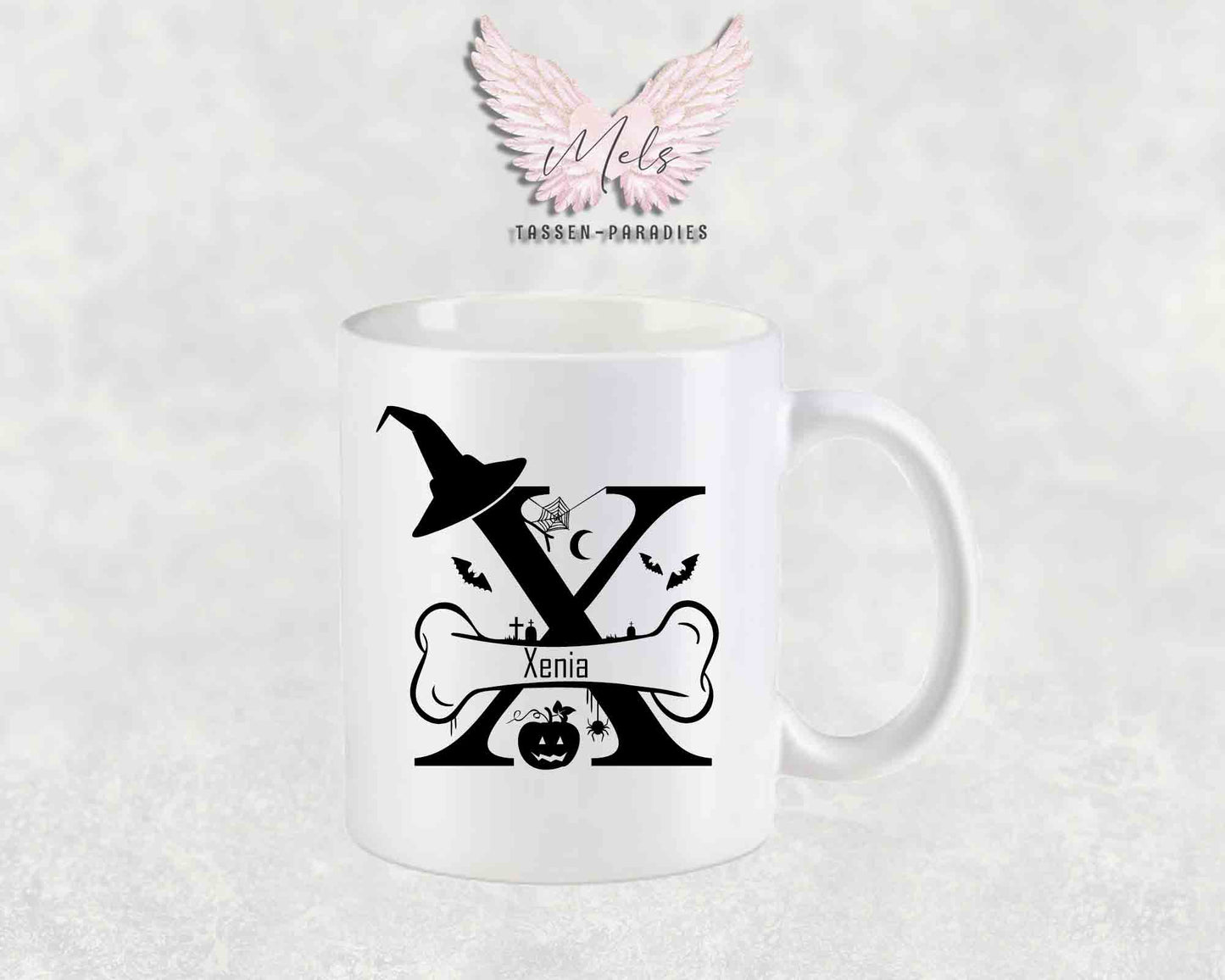 Halloween-Alphabet mit Name - Personalisierte Keramik-Tasse Weiß-Matt