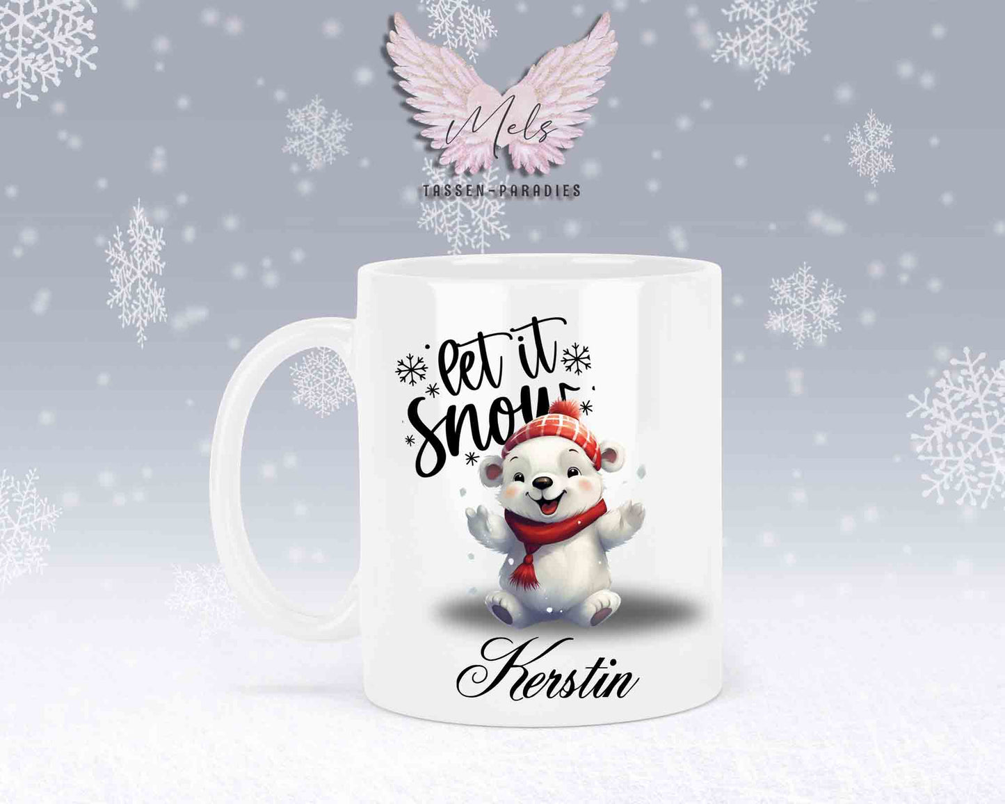 Schneemann-Tasse Let's Snow – mit oder ohne Wunschname