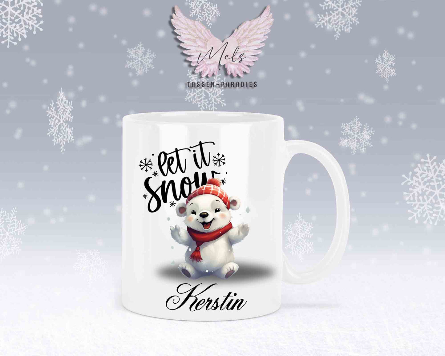Schneemann-Tasse Let's Snow – mit oder ohne Wunschname
