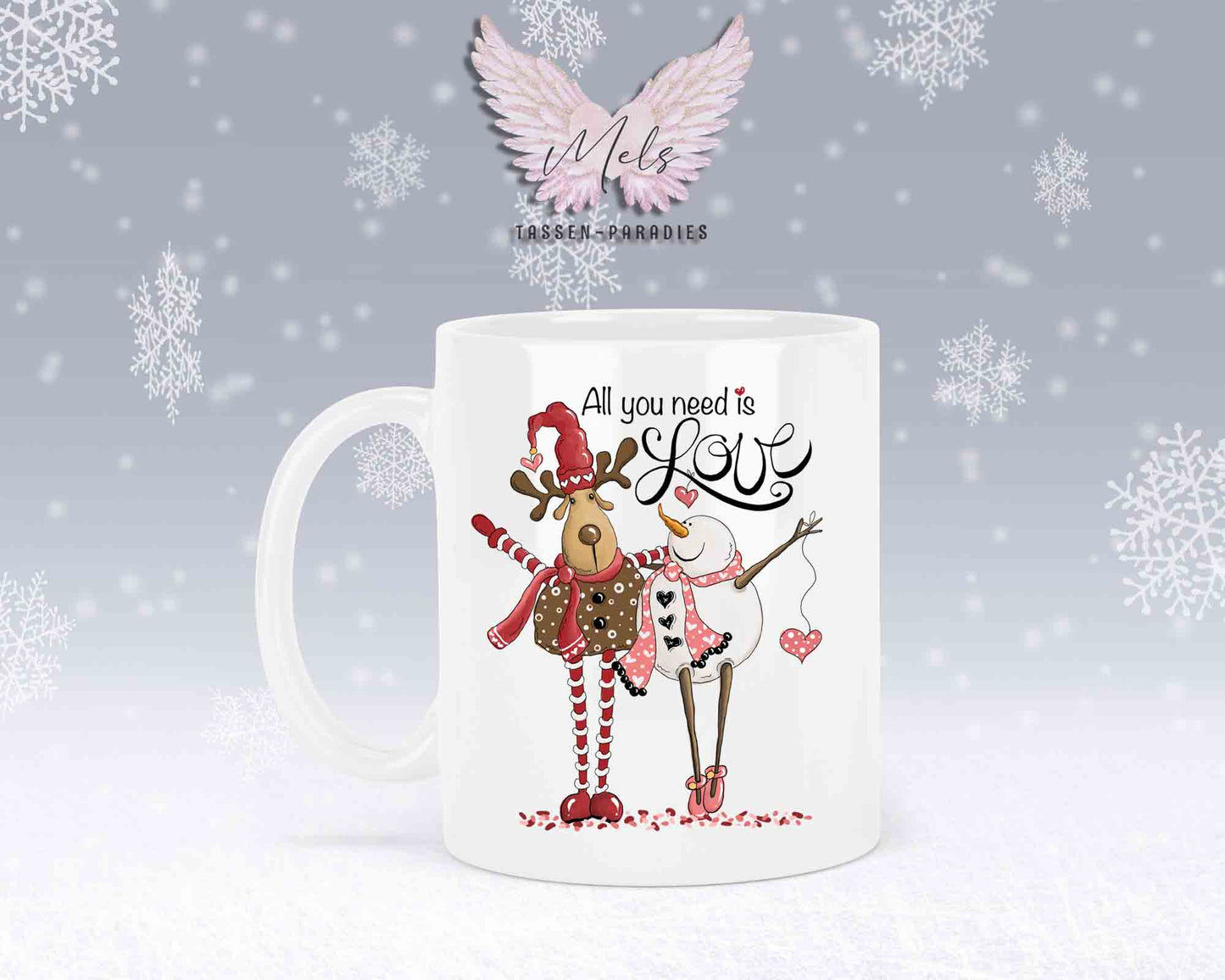 Tasse mit süßem Paar-Schneefrau und Hirsch – mit oder ohne Wunschname