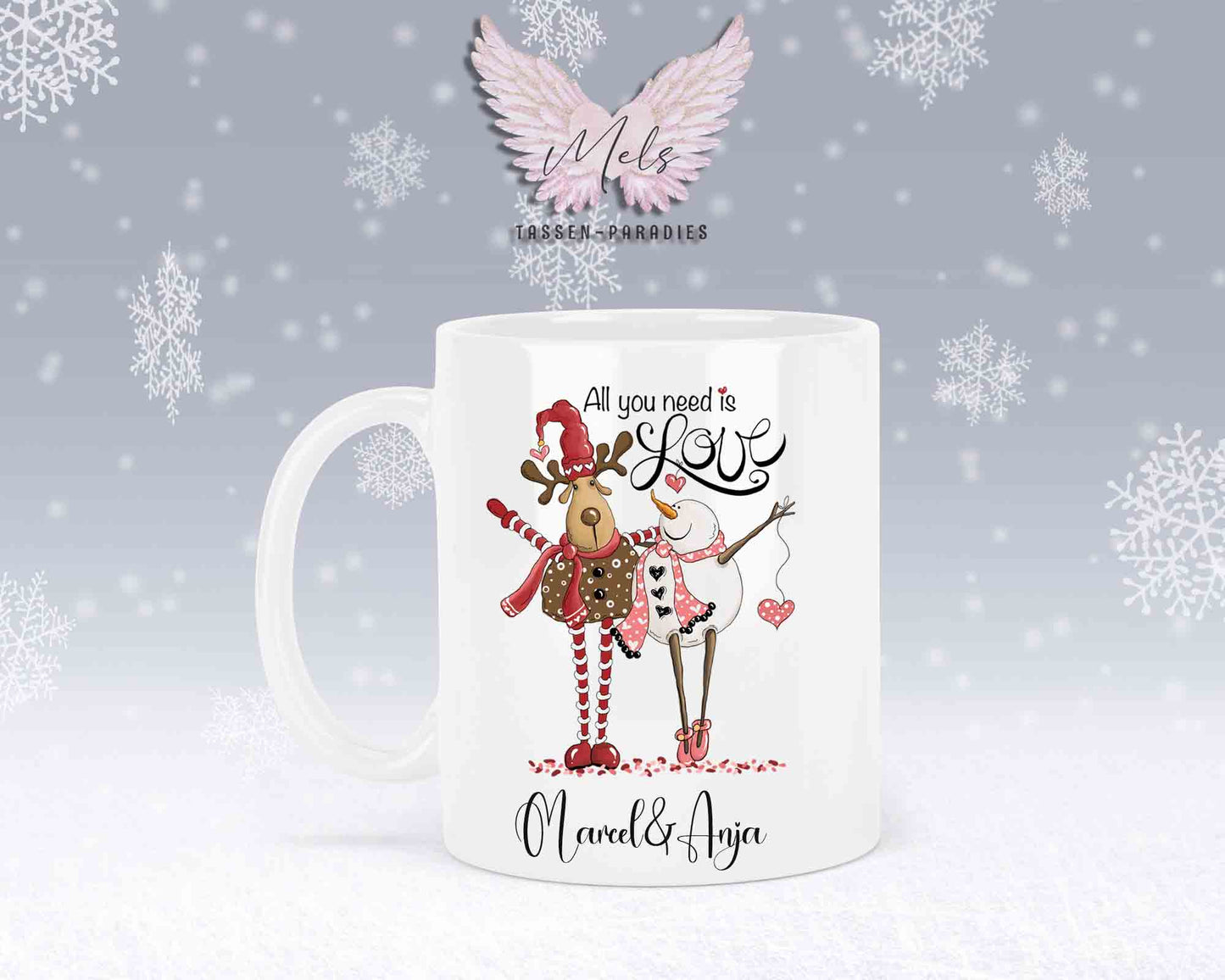 Tasse mit süßem Paar-Schneefrau und Hirsch – mit oder ohne Wunschname