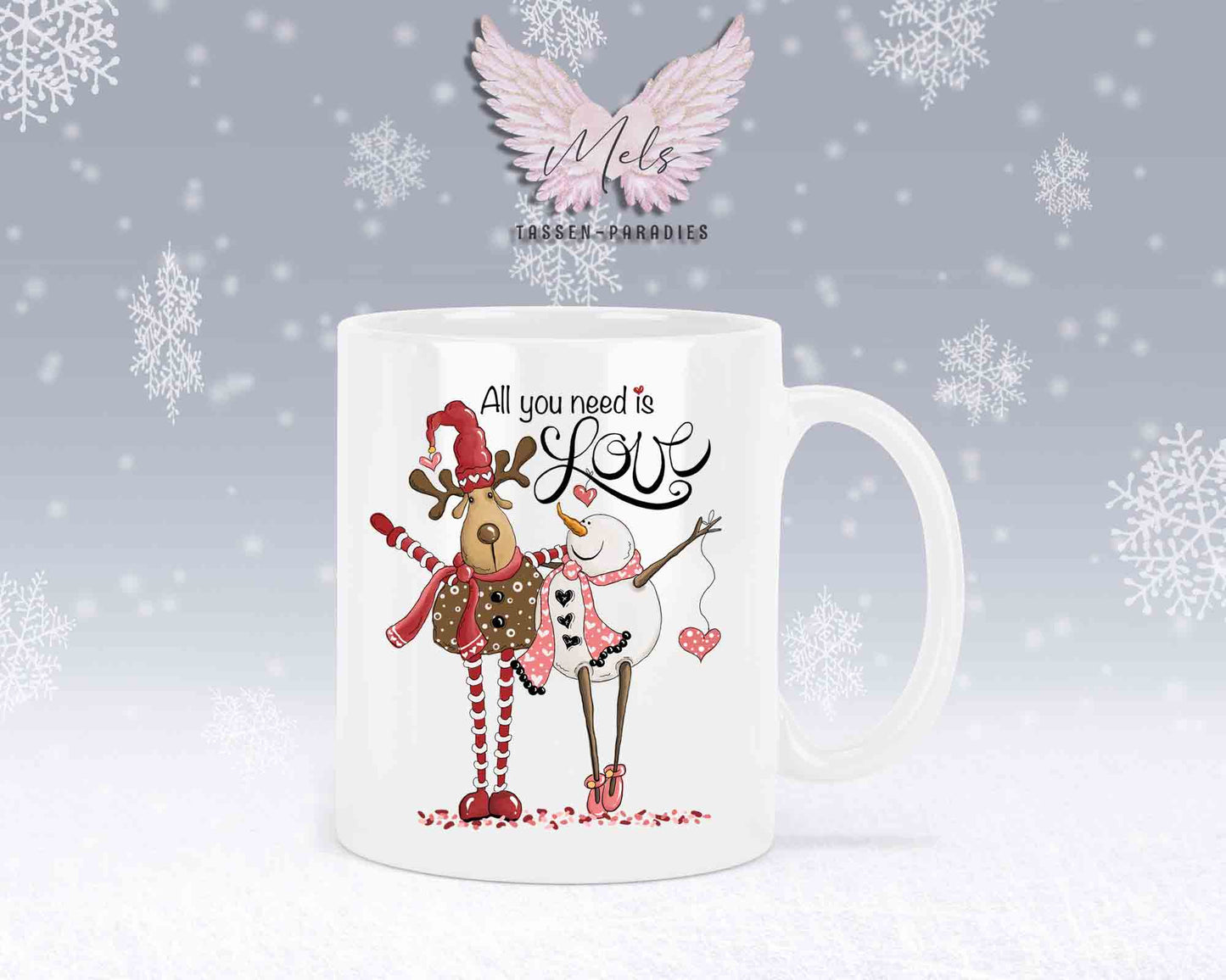 Tasse mit süßem Paar-Schneefrau und Hirsch – mit oder ohne Wunschname
