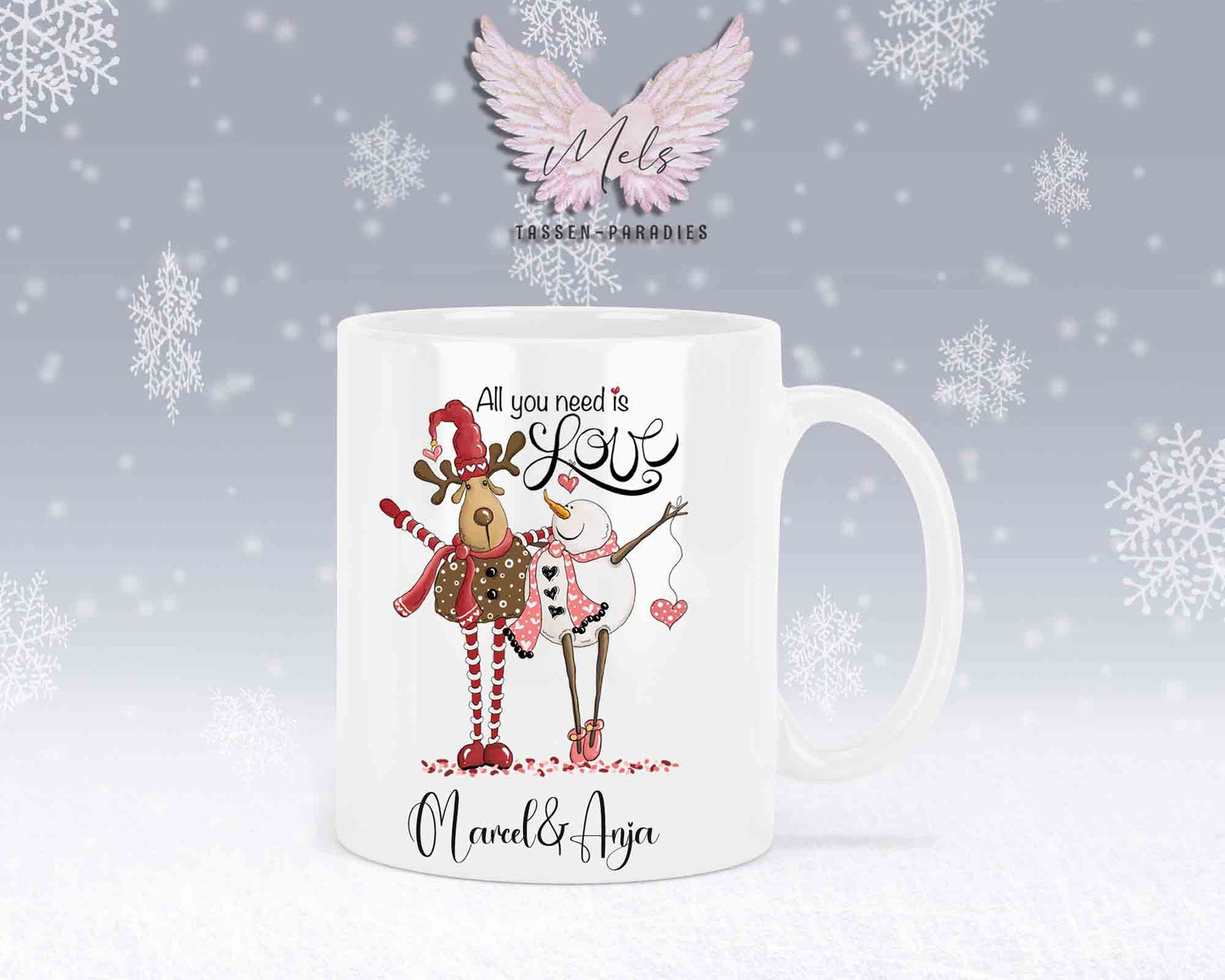 Tasse mit süßem Paar-Schneefrau und Hirsch – mit oder ohne Wunschname