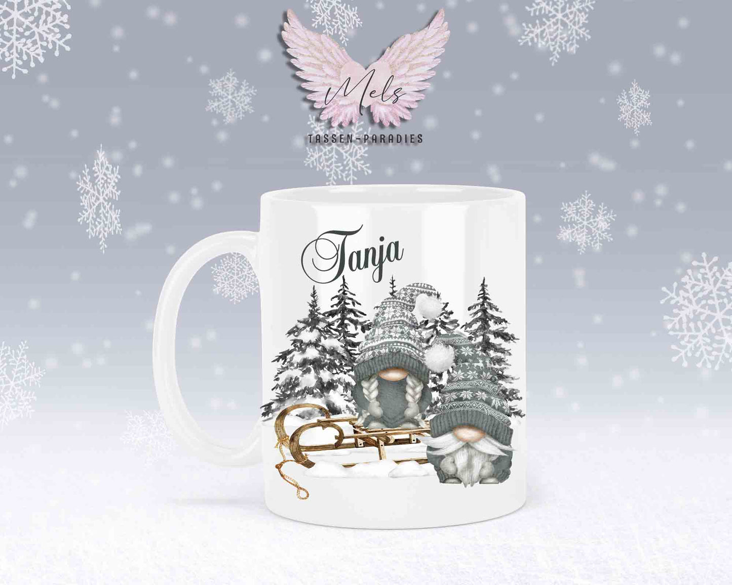 Tasse mit Wichtel und Schlitten – mit oder ohne Wunschname