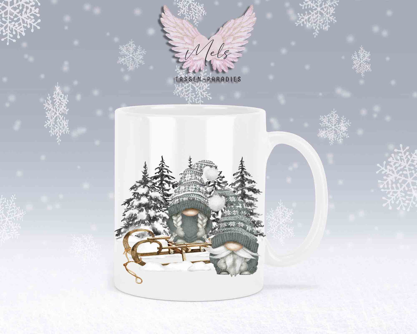 Tasse mit Wichtel und Schlitten – mit oder ohne Wunschname