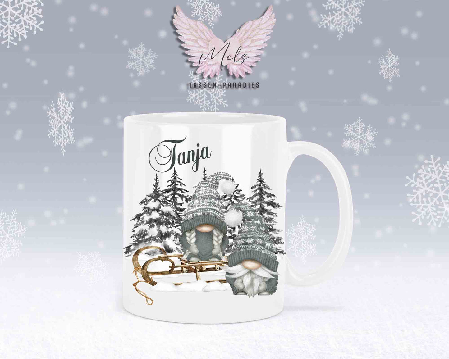 Tasse mit Wichtel und Schlitten – mit oder ohne Wunschname