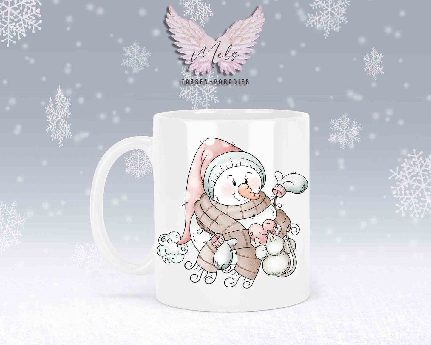 "Schneemann-Tasse mit Maus und Herz – mit oder ohne Wunschname"