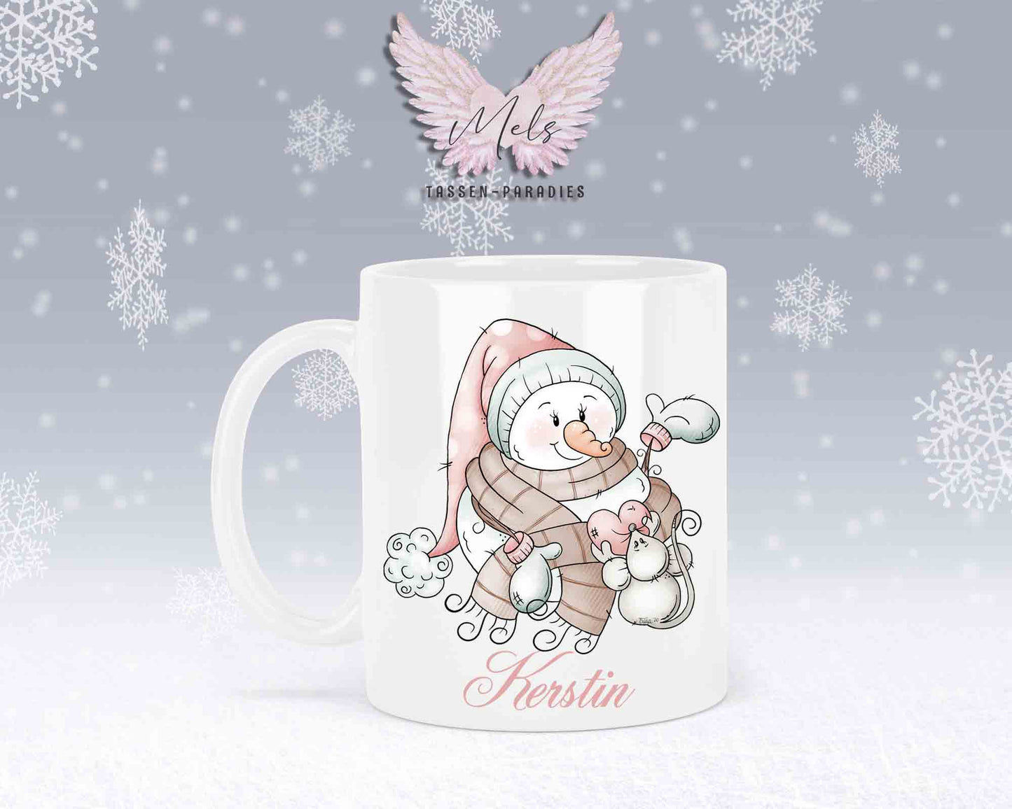 "Schneemann-Tasse mit Maus und Herz – mit oder ohne Wunschname"