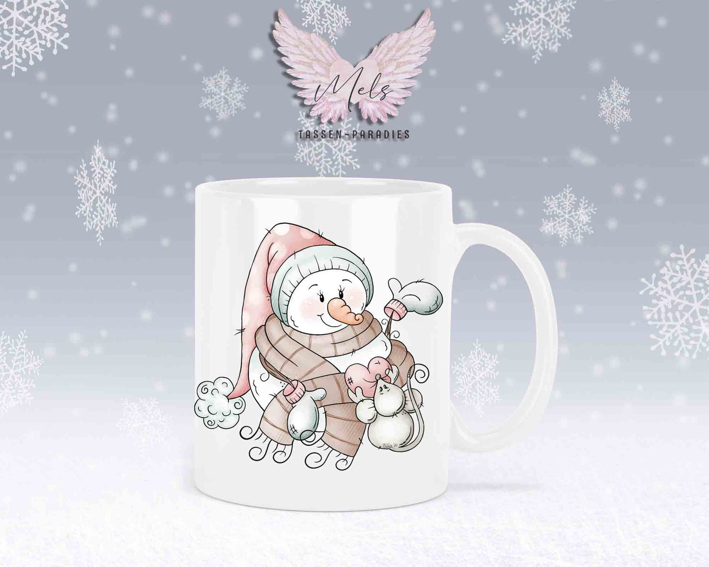 "Schneemann-Tasse mit Maus und Herz – mit oder ohne Wunschname"