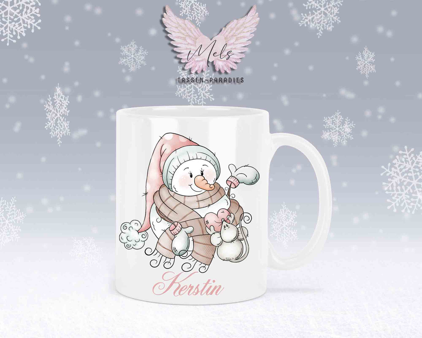 "Schneemann-Tasse mit Maus und Herz – mit oder ohne Wunschname"