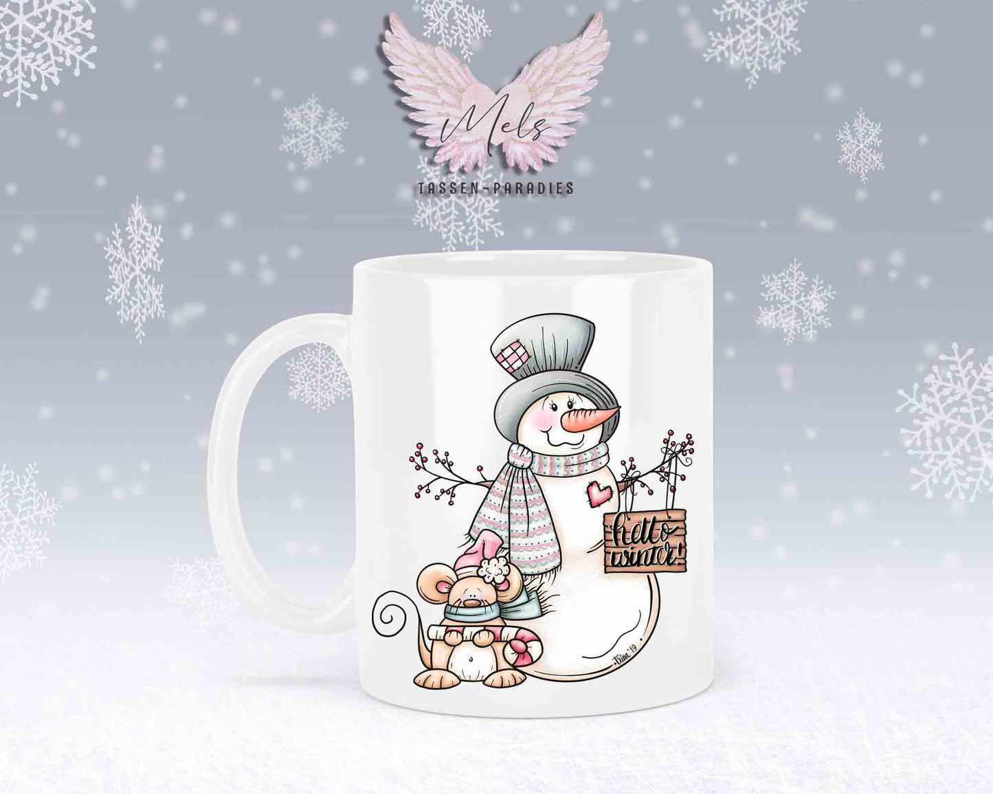 Tasse mit Schneemann und süßer Maus – mit oder ohne Wunschname