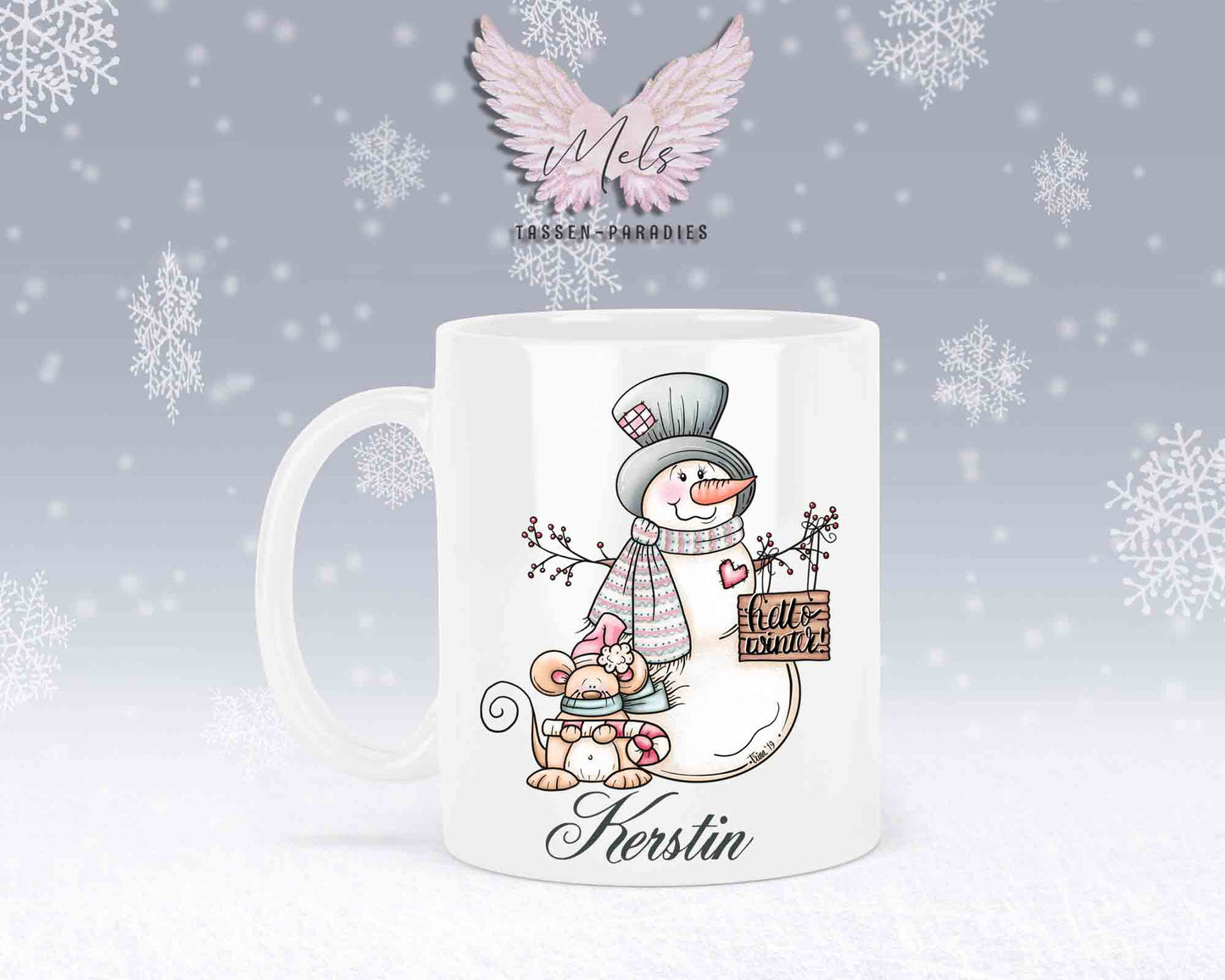 Tasse mit Schneemann und süßer Maus – mit oder ohne Wunschname