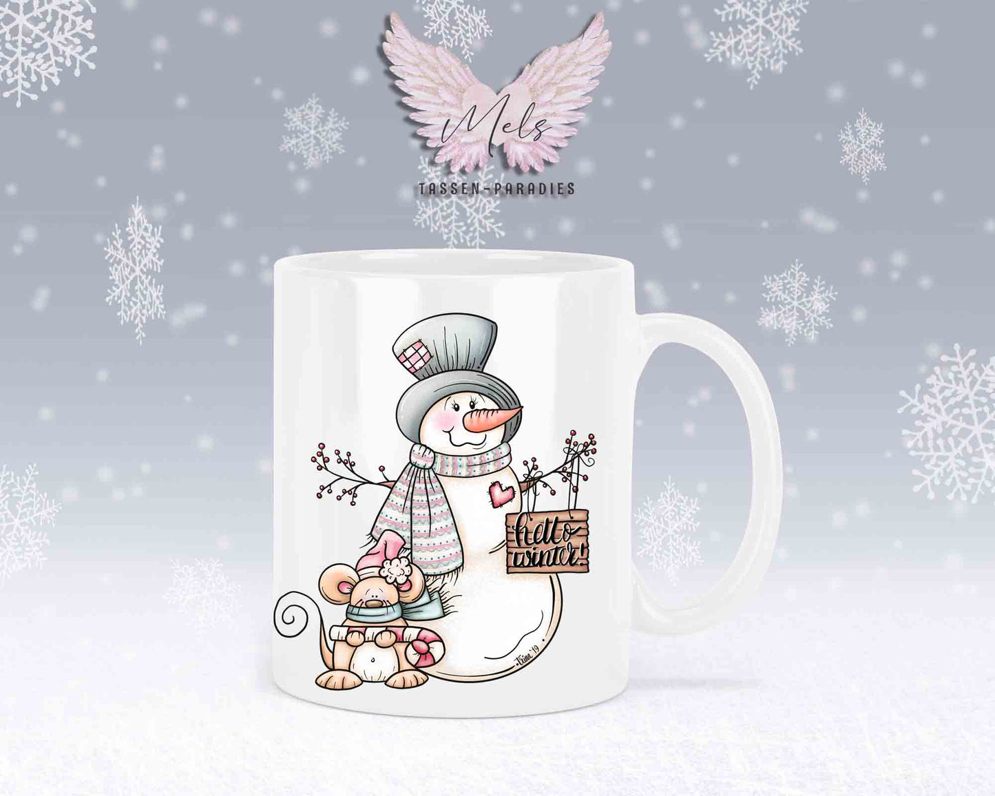 Tasse mit Schneemann und süßer Maus – mit oder ohne Wunschname