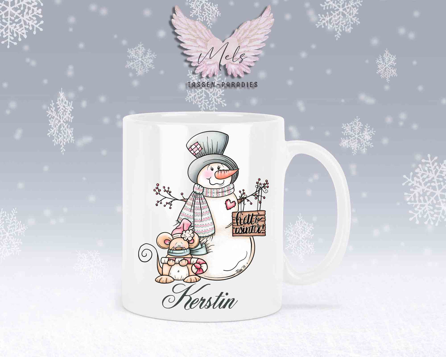 Tasse mit Schneemann und süßer Maus – mit oder ohne Wunschname