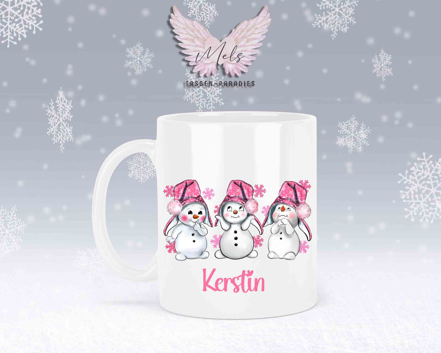 Tasse mit süßen Schneemänner mit rosa Mütze– mit oder ohne Wunschname