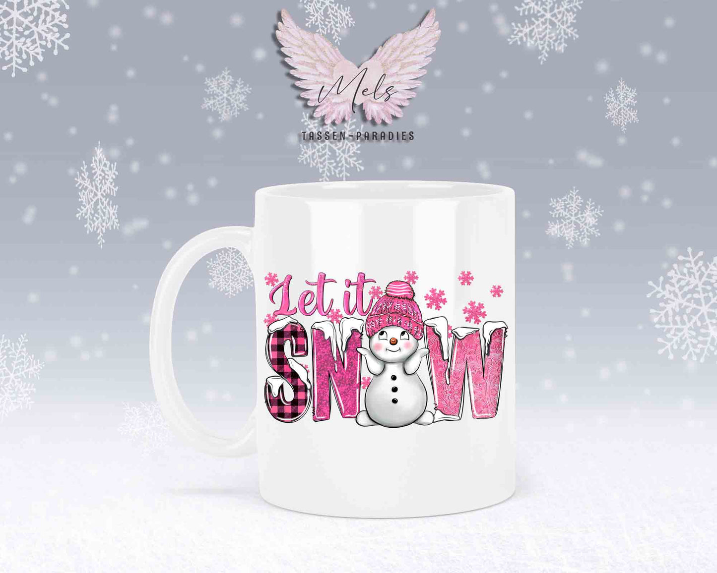 Tasse mit süßen Schneemann Lets Snow Rosa– mit oder ohne Wunschname