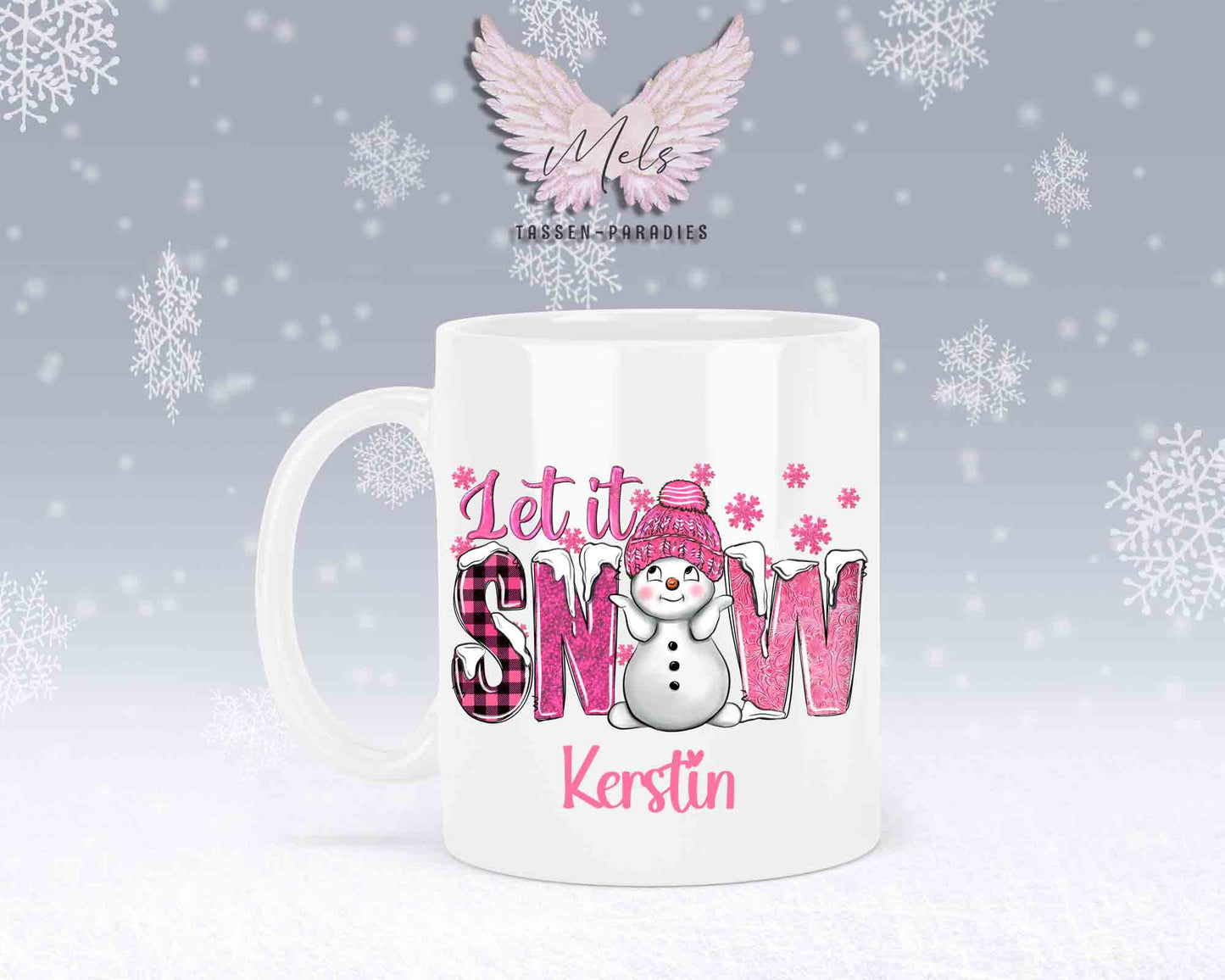 Tasse mit süßen Schneemann Lets Snow Rosa– mit oder ohne Wunschname