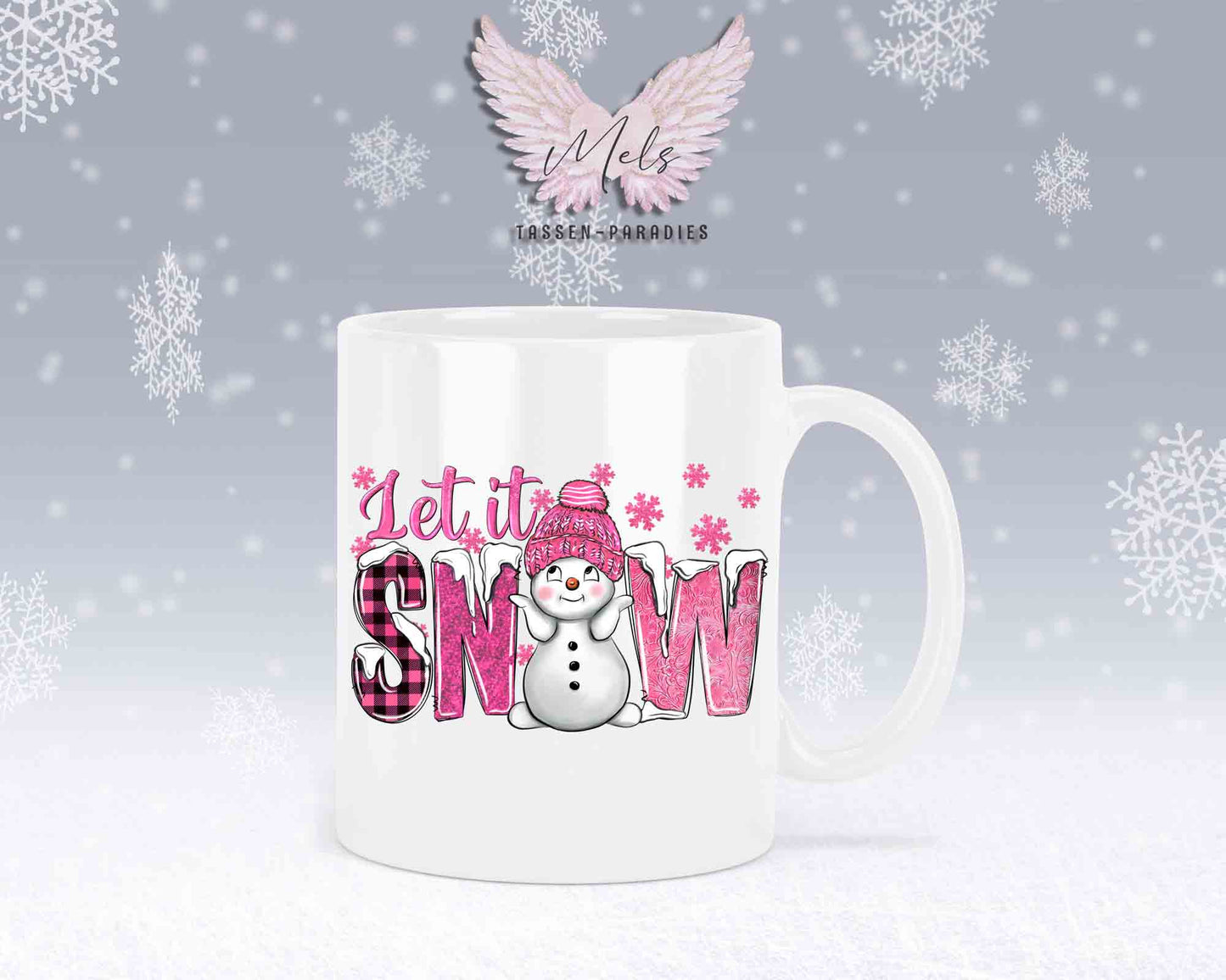 Tasse mit süßen Schneemann Lets Snow Rosa– mit oder ohne Wunschname