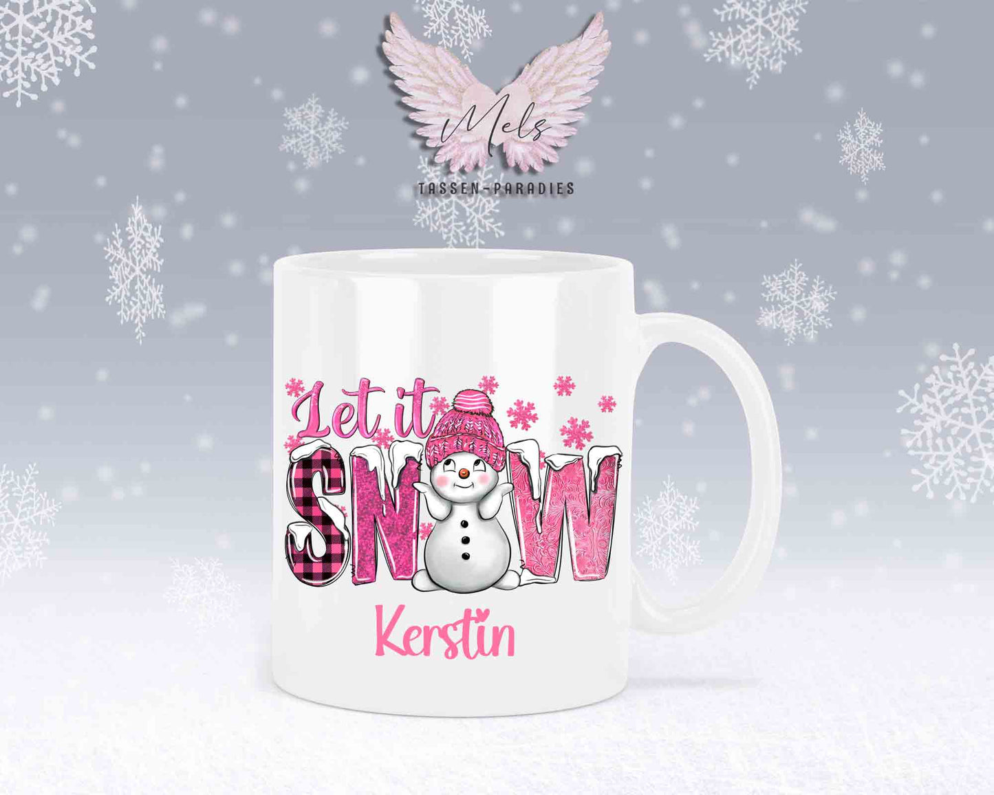 Tasse mit süßen Schneemann Lets Snow Rosa– mit oder ohne Wunschname