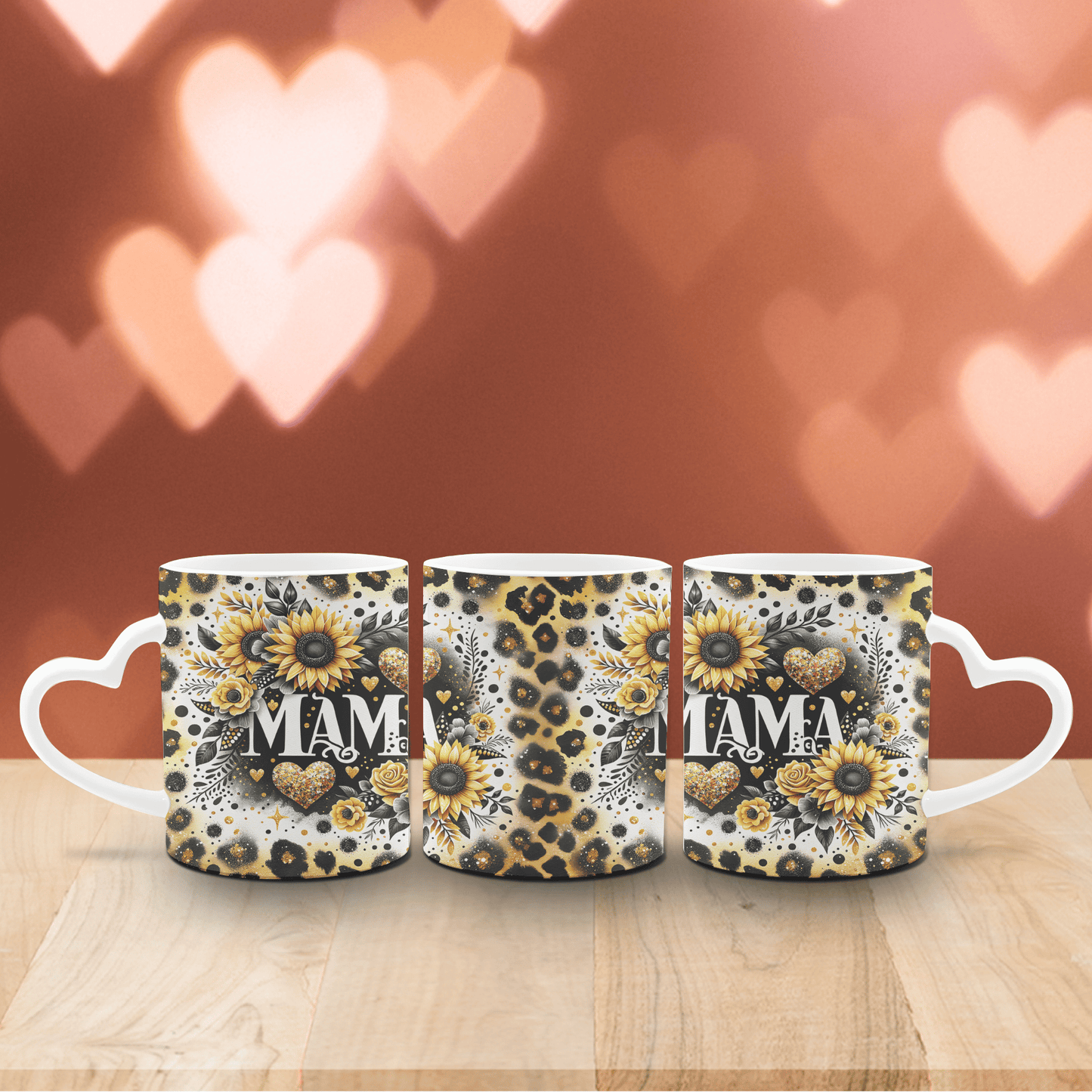 Tasse Weiß mit Herzhenkel Mama ,Sonnenblume und Herzen 3