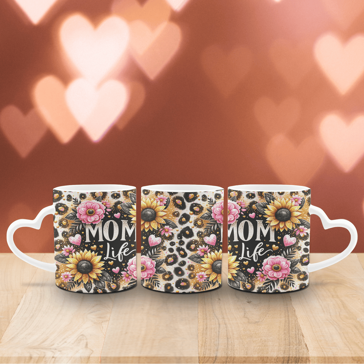 Tasse Weiß mit Herzhenkel Sonnenblume und Mom Life