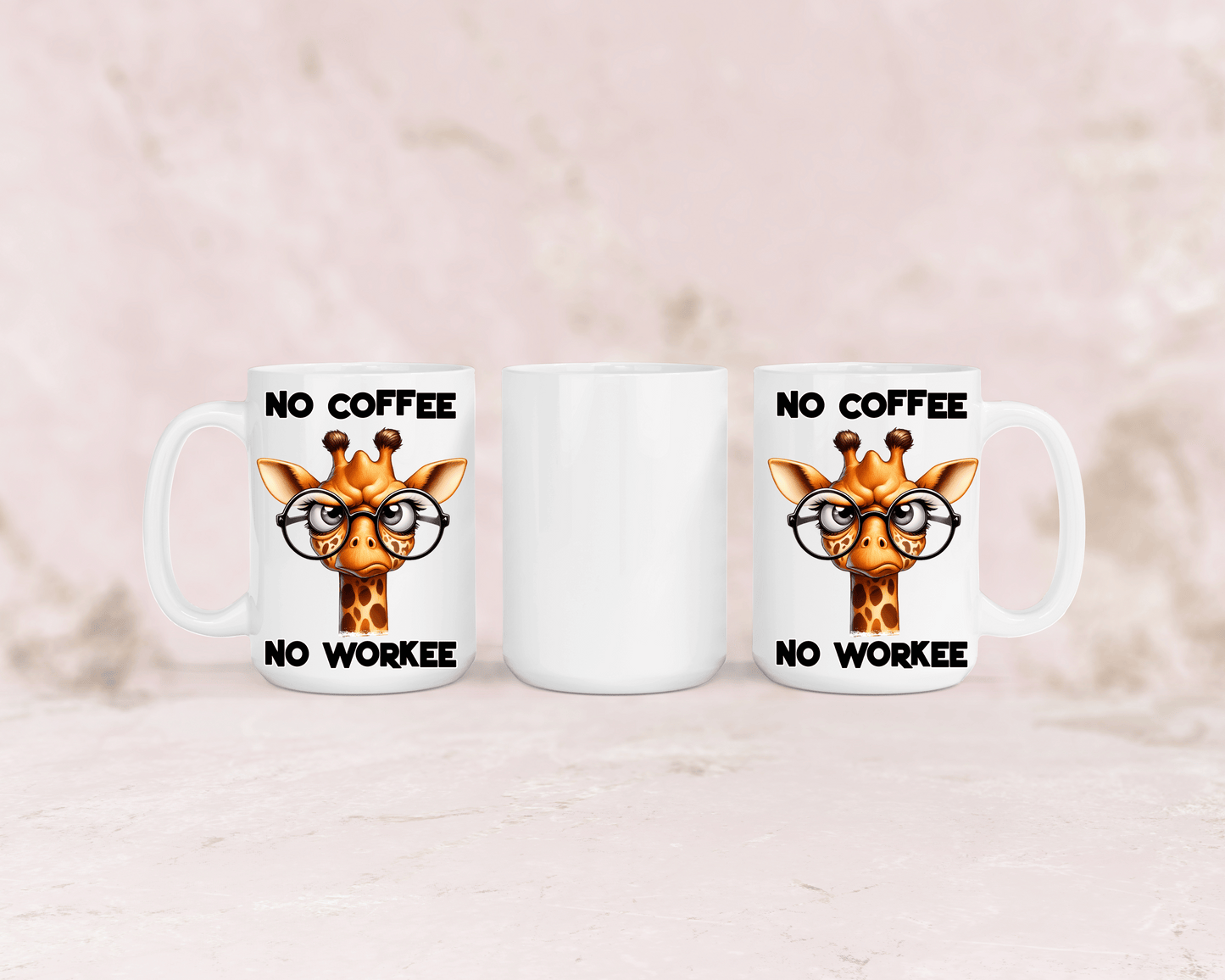 Tasse mit niedlicher Giraffe und dem Spruch „No Coffee No Workee“ – personalisierbar