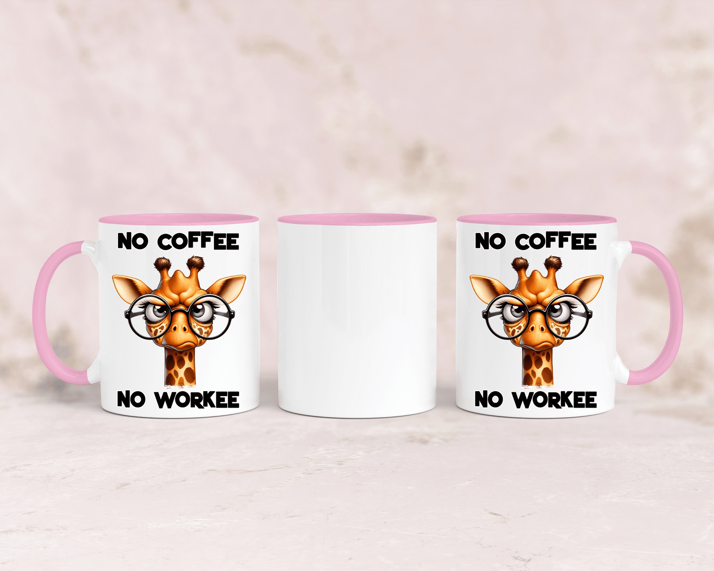 Tasse mit niedlicher Giraffe und dem Spruch „No Coffee No Workee“ – personalisierbar