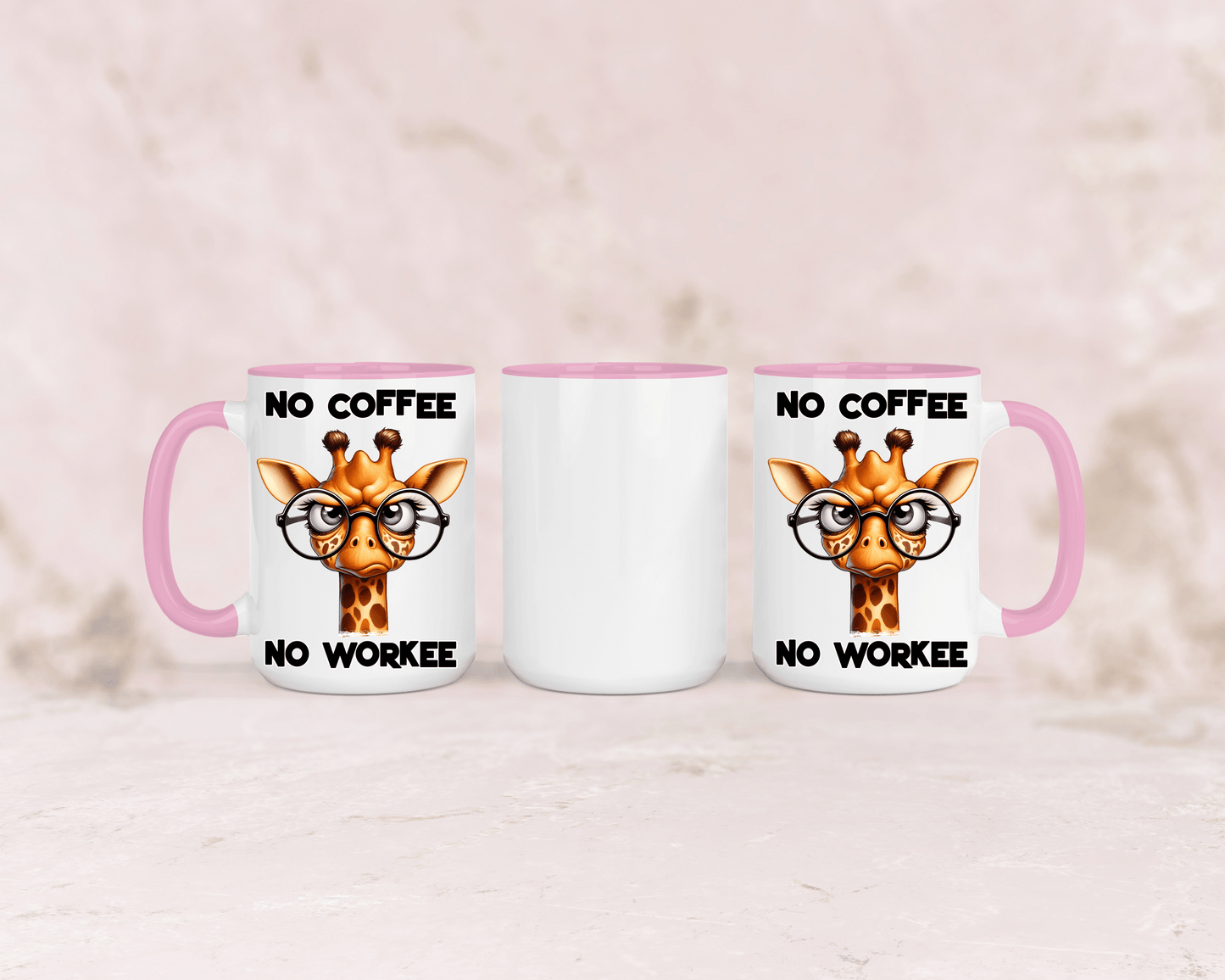 Tasse mit niedlicher Giraffe und dem Spruch „No Coffee No Workee“ – personalisierbar