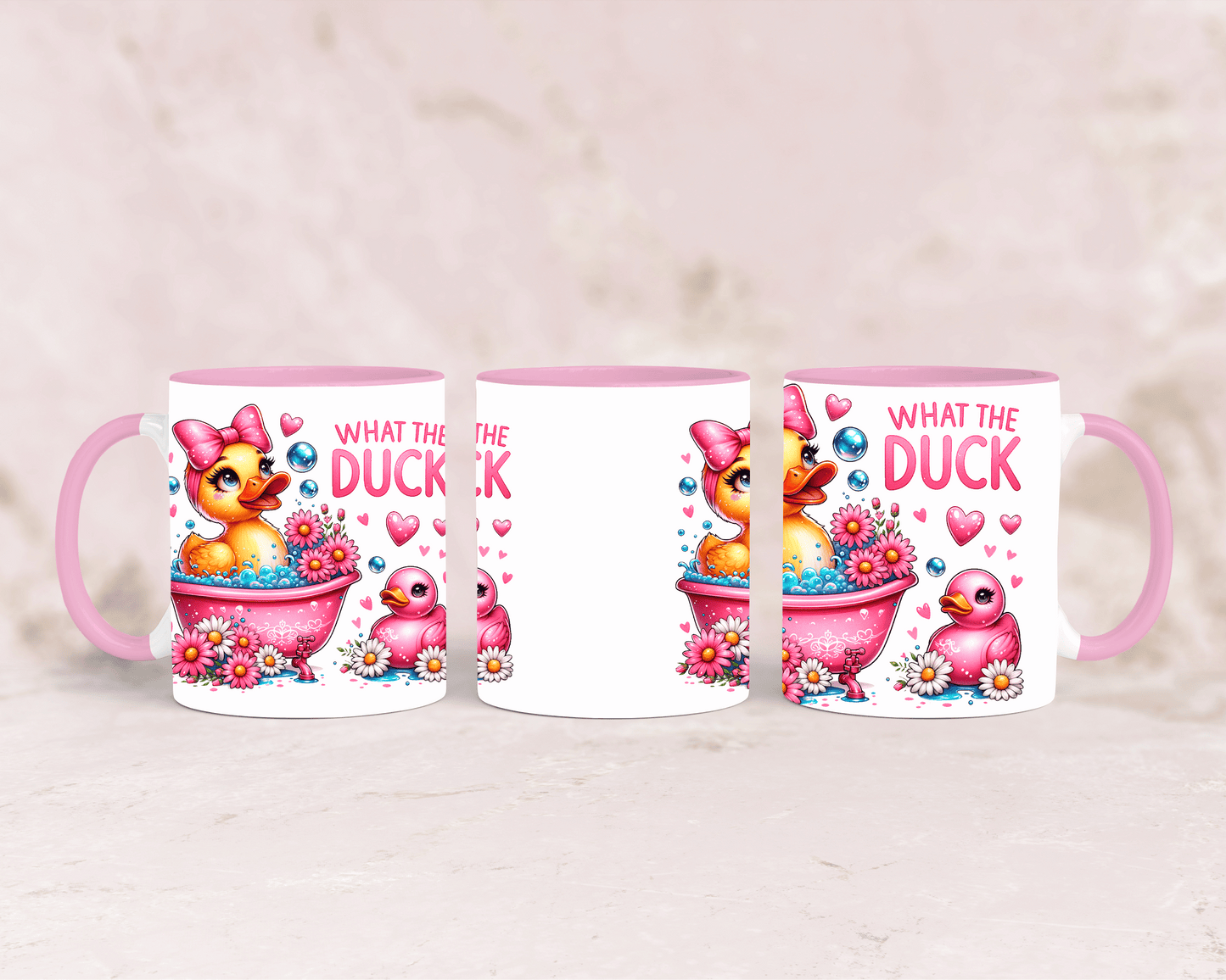 Tasse mit süßer Ente und lustigem Spruch „What the Duck“ – personalisierbar