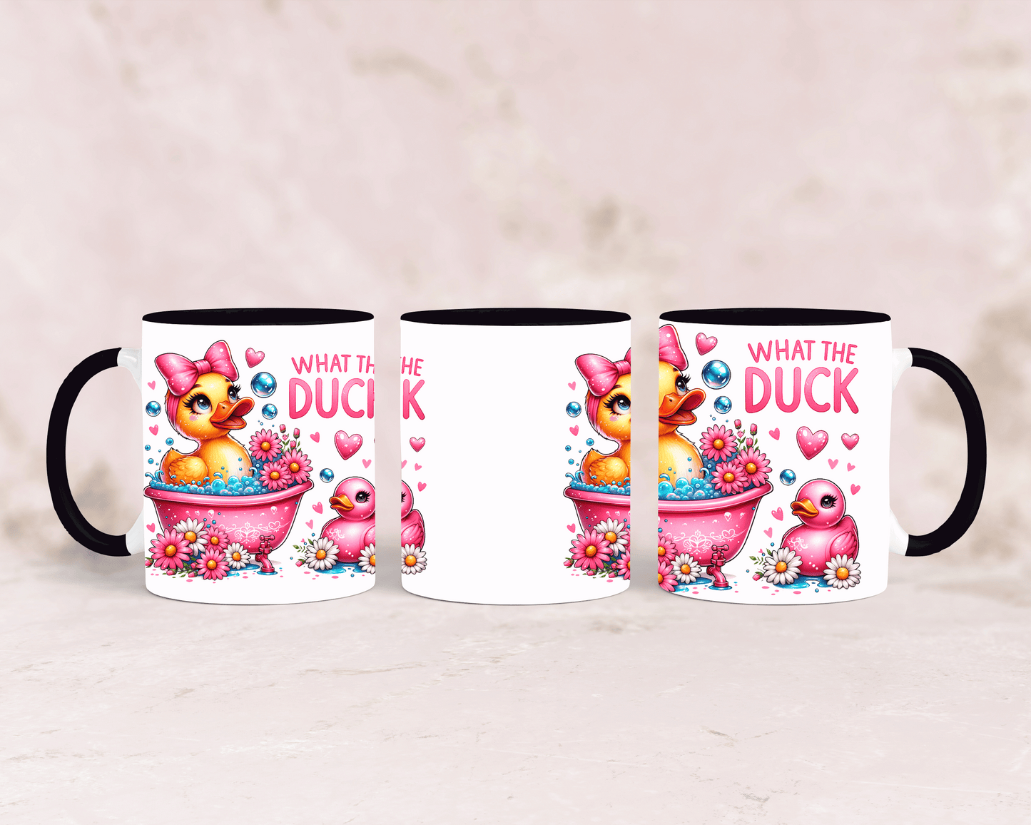 Tasse mit süßer Ente und lustigem Spruch „What the Duck“ – personalisierbar
